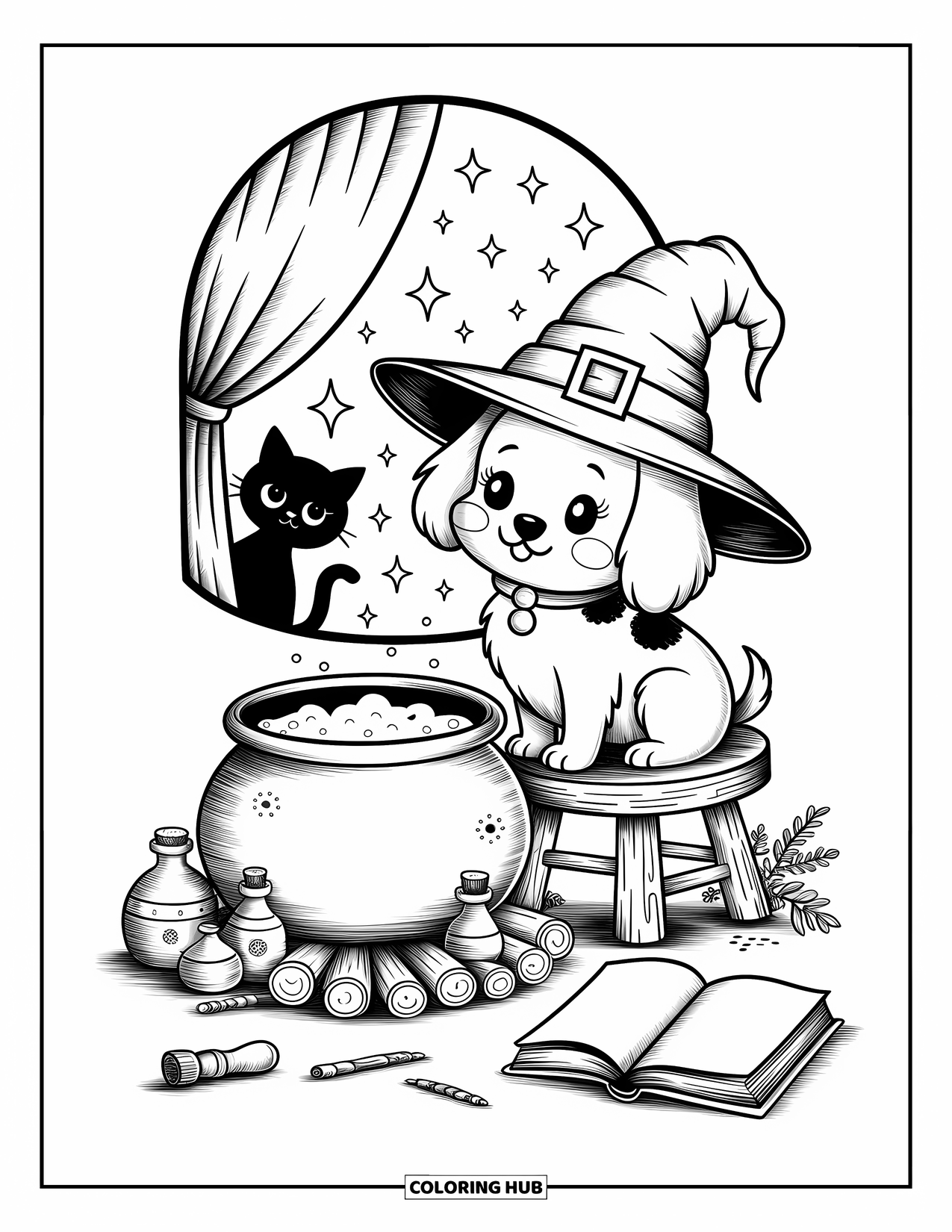 Halloween Dog Coloring Page for Adults: Witch pup with bubbling pot, old spellbook, and a cozy curtain-cat watching