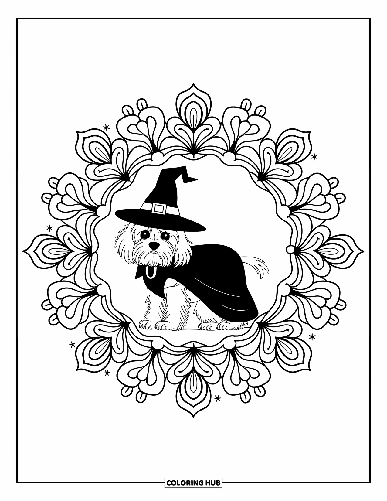 Halloween Dog Coloring Page for Adults: Witchy dog sits at the center of a floral mandala with cozy patterns