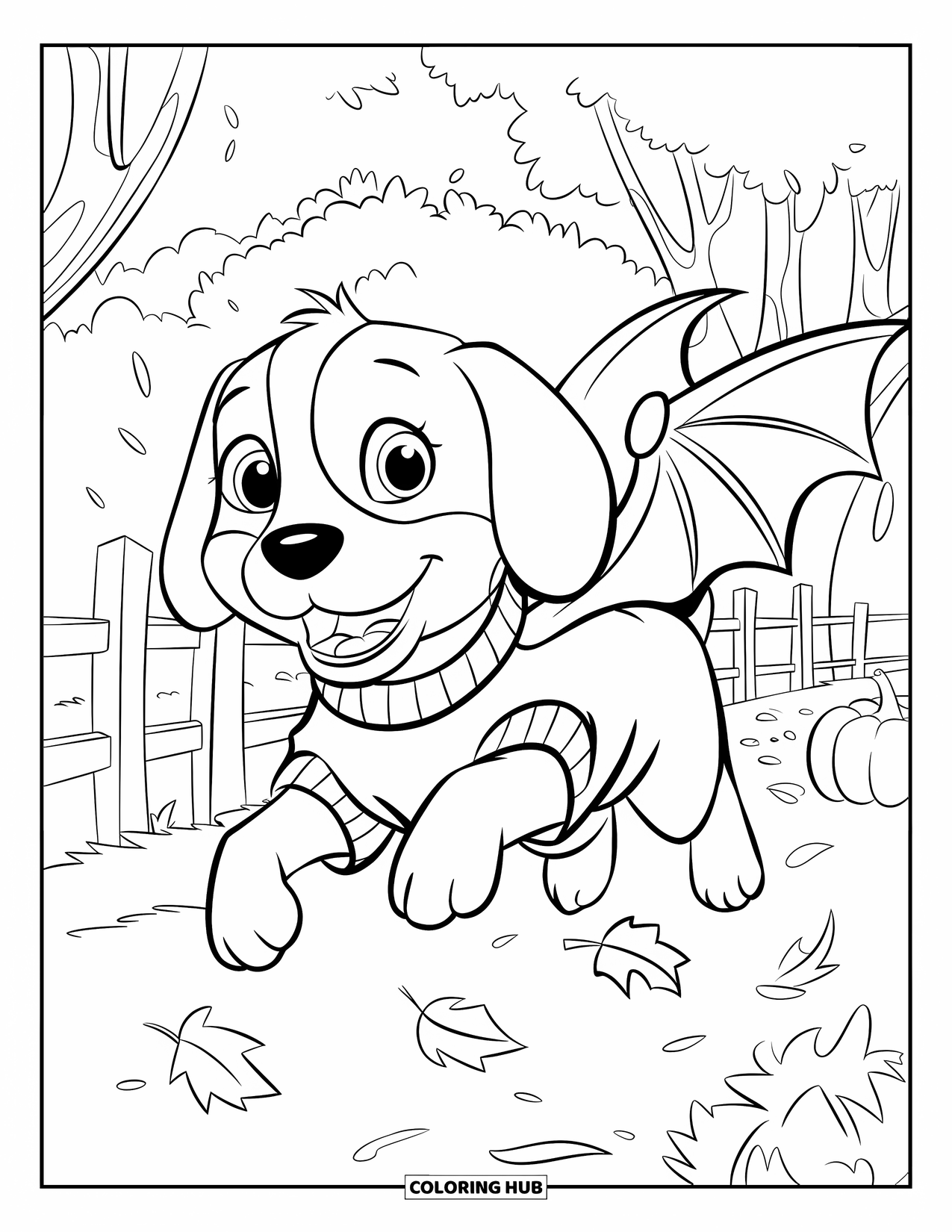 Halloween Dog Coloring Page for Kids: Beagle in a sweater jumping near pumpkins and a wooden fence