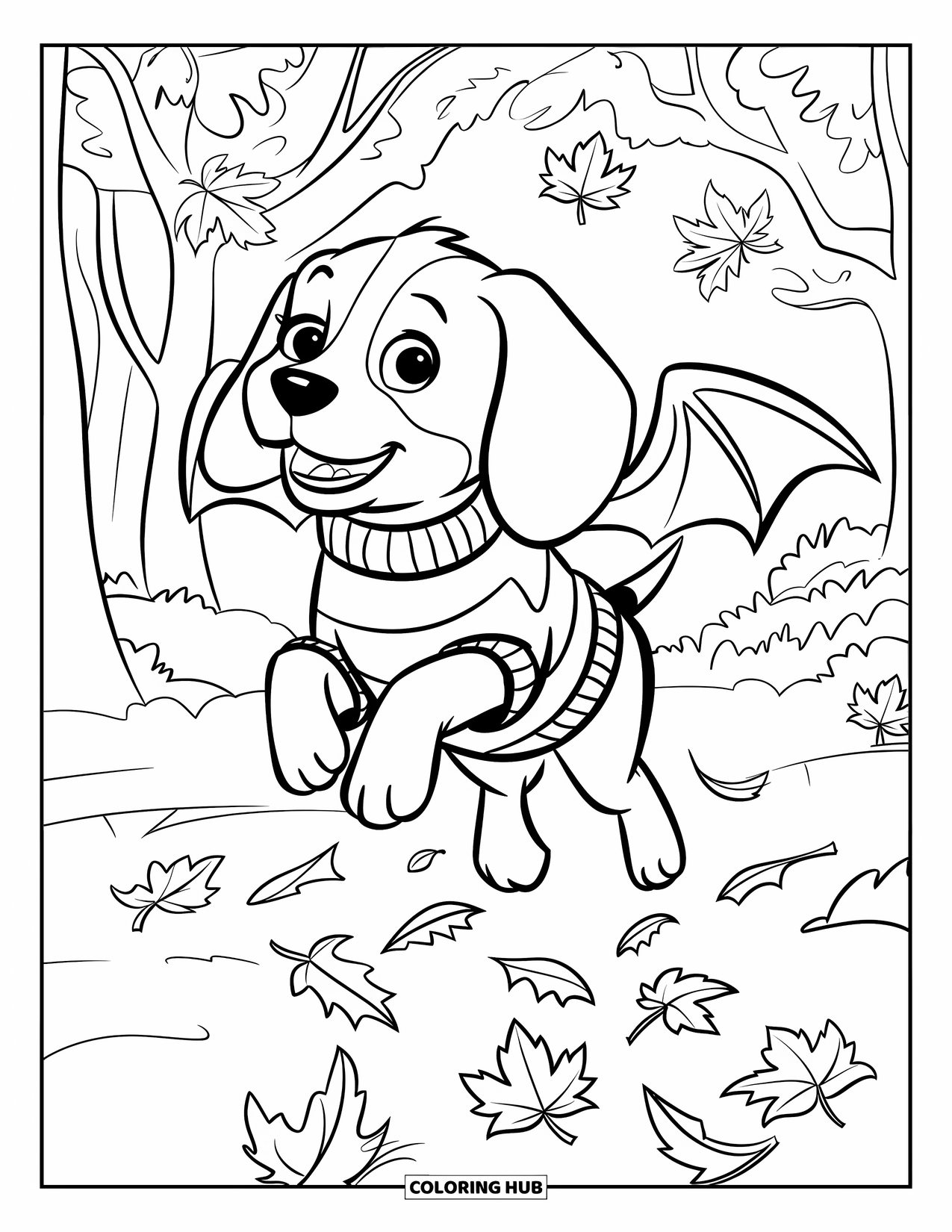 Halloween Dog Coloring Page for Kids: Beagle in striped sweater with bat wings leaping through falling leaves