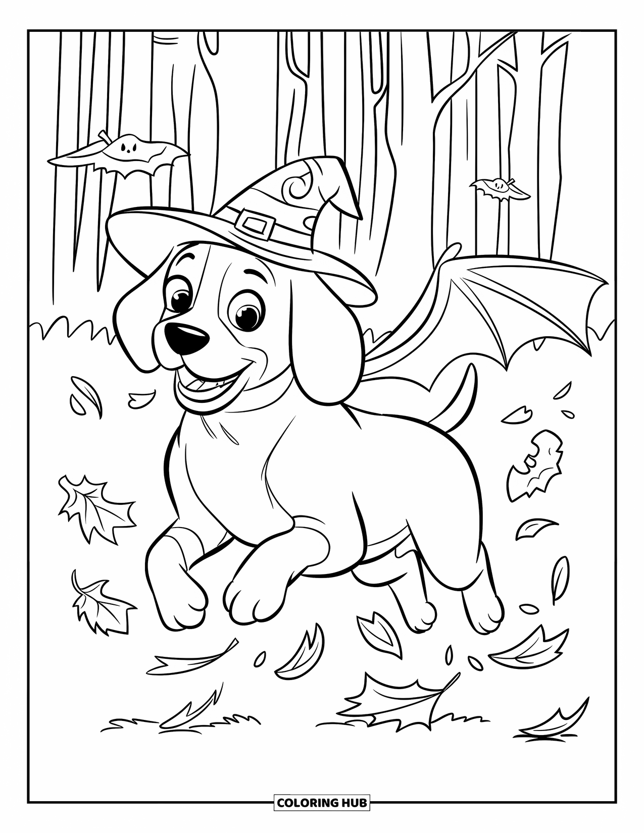 Halloween Dog Coloring Page for Kids: Beagle with bat wings jumping through falling autumn leaves