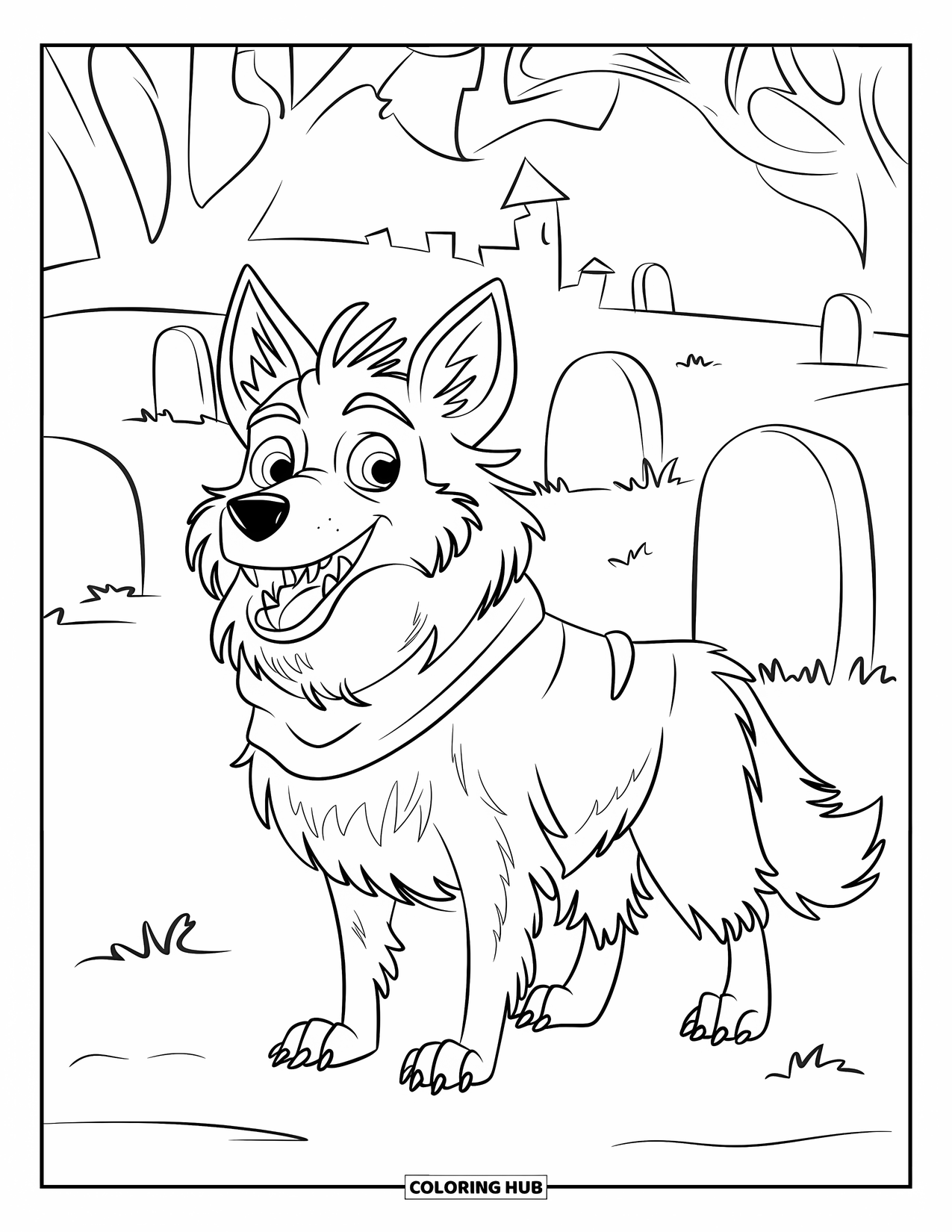 Halloween Dog Coloring Page for Kids: Border collie dressed as a werewolf near a foggy graveyard