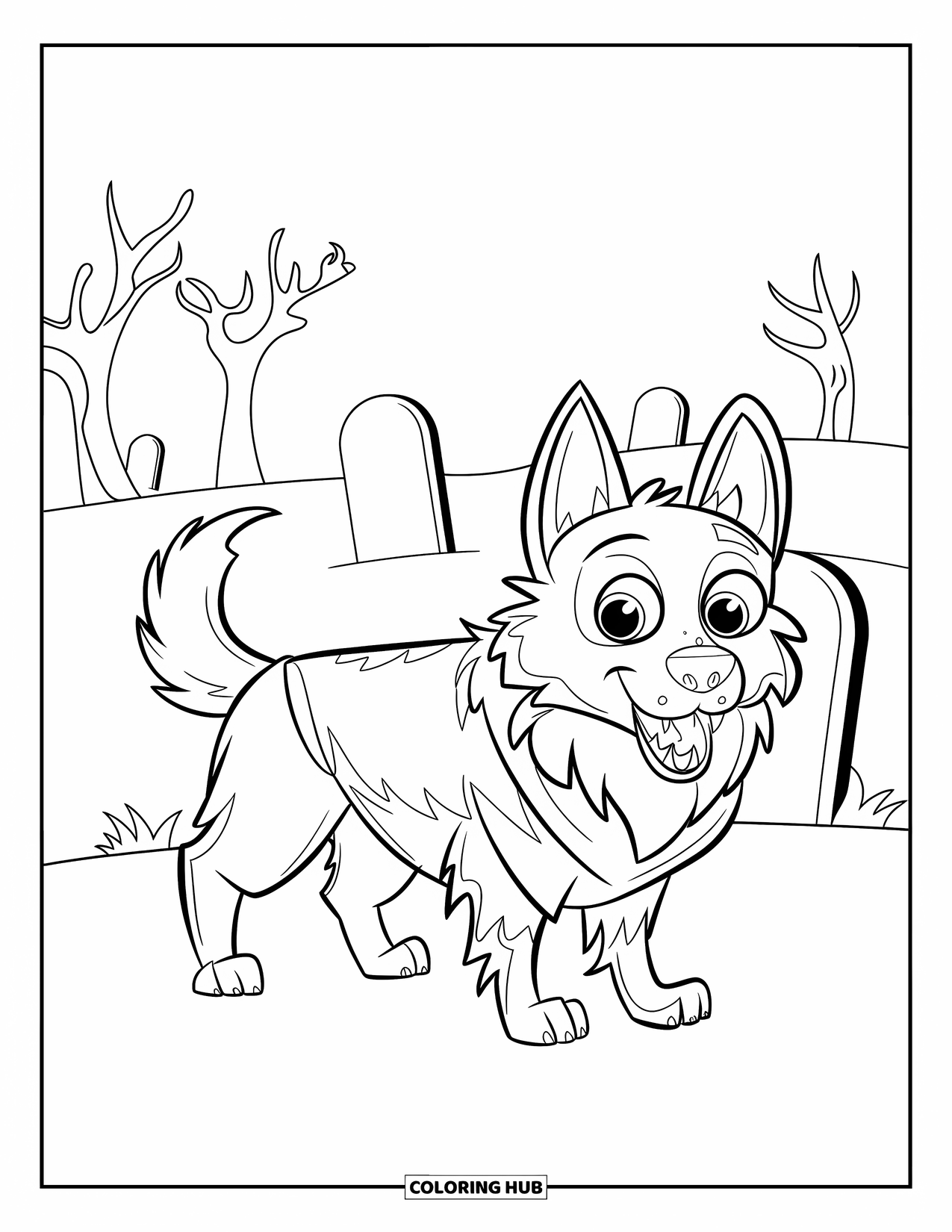 Halloween Dog Coloring Page for Kids: Border collie in werewolf outfit with fog and spooky trees