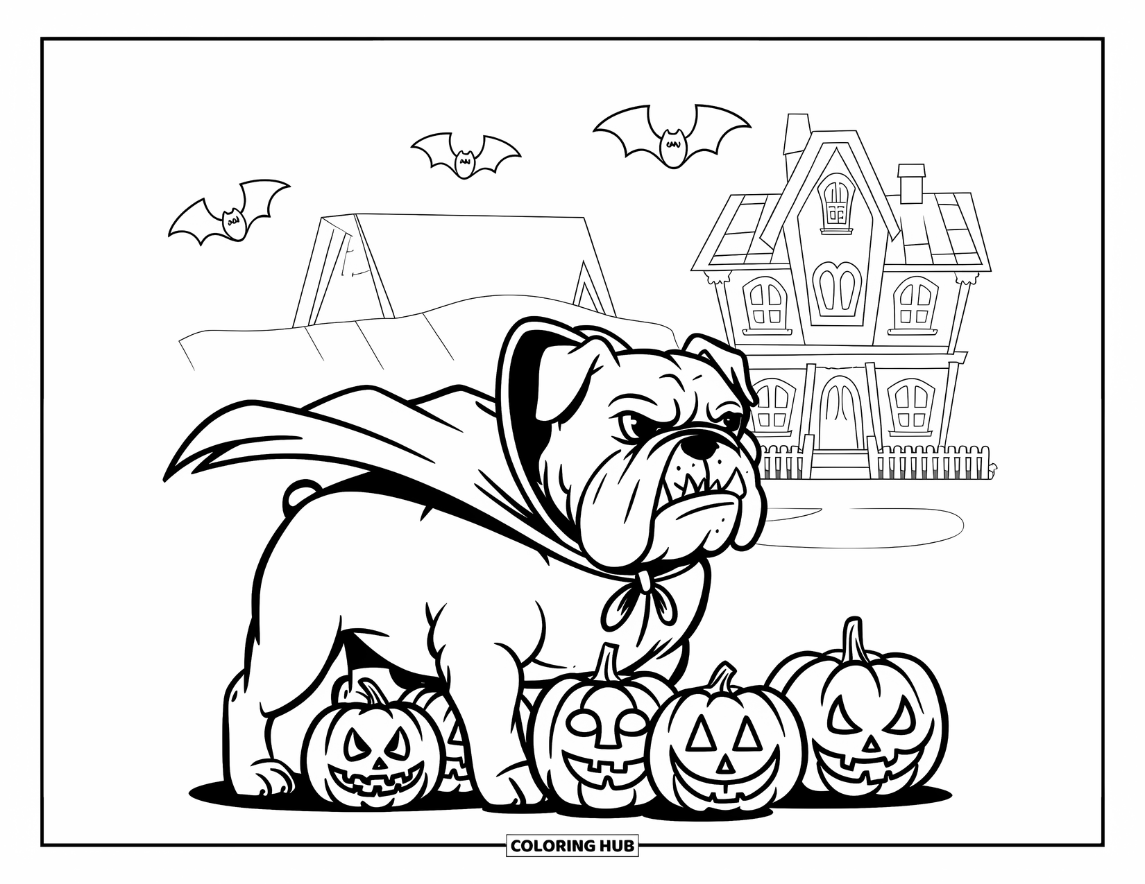 Halloween Dog Coloring Page for Kids: Bulldog in a vampire cape guarding pumpkins near a haunted house