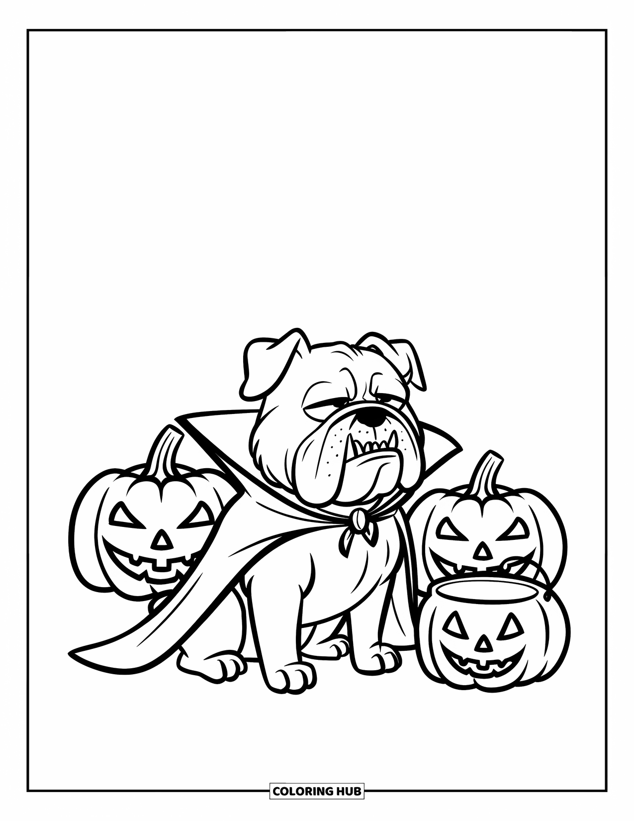 Halloween Dog Coloring Page for Kids: Bulldog in vampire cape sitting with eyes closed near pumpkins