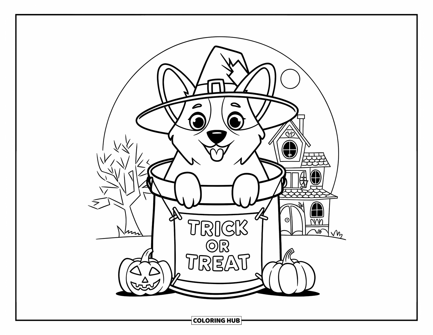 Halloween Dog Coloring Page for Kids: Corgi in a witch hat inside a candy bucket near pumpkins and a full moon