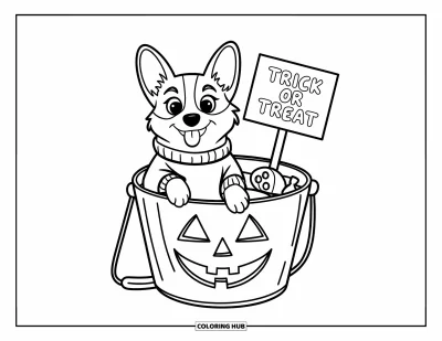 어린이를 위한 할로윈 강아지 색칠공부: 위에 "Trick or Treat" 표지판이 걸린 사탕 바구니 안에 들어간 코기