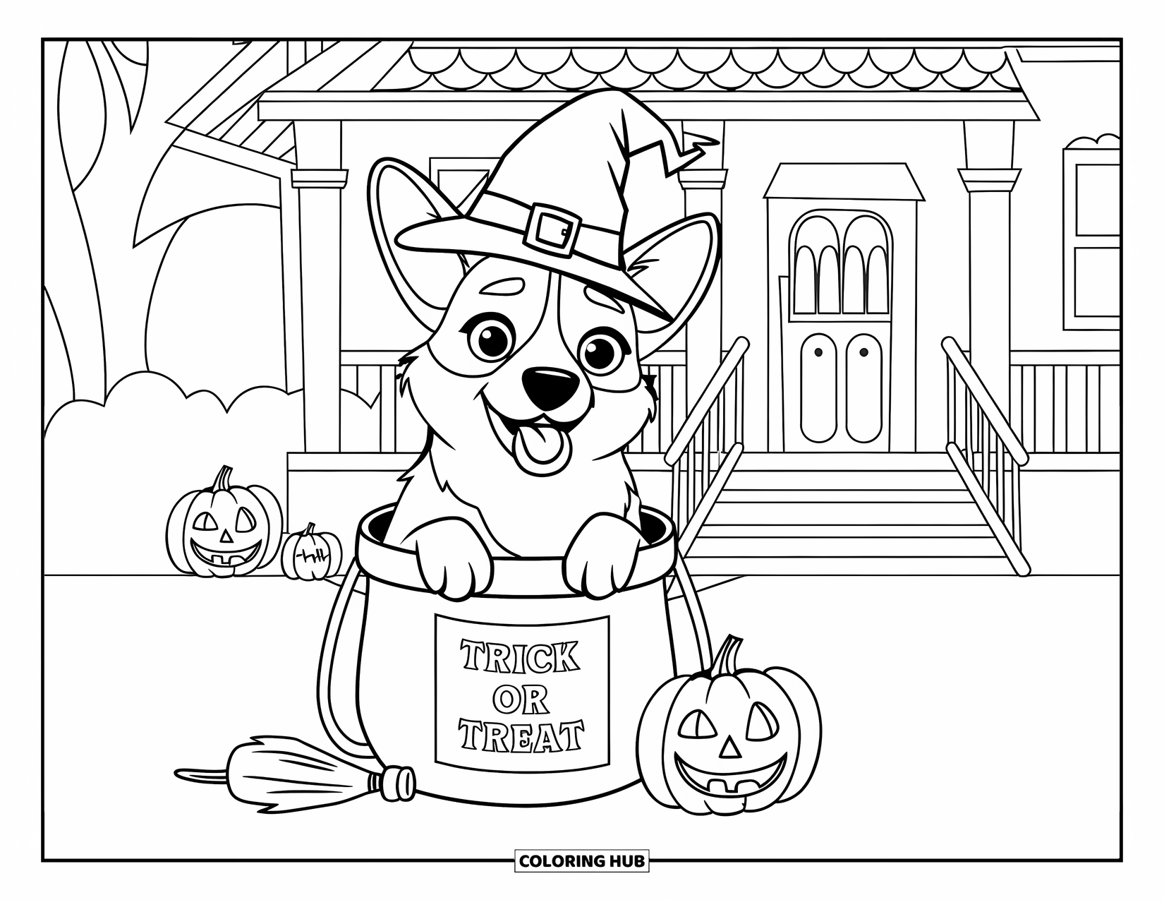 Halloween Dog Coloring Page for Kids: Corgi wearing a witch hat in a candy bucket near a haunted house