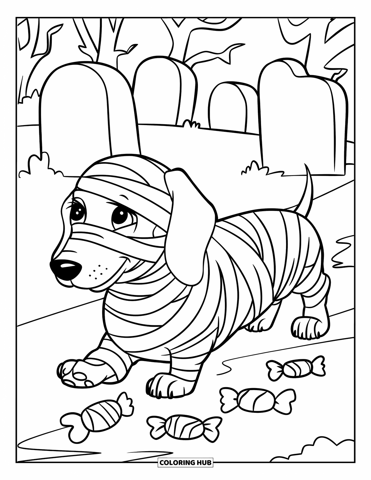 Halloween Dog Coloring Page for Kids: Dachshund mummy walking on candy trail in a spooky graveyard