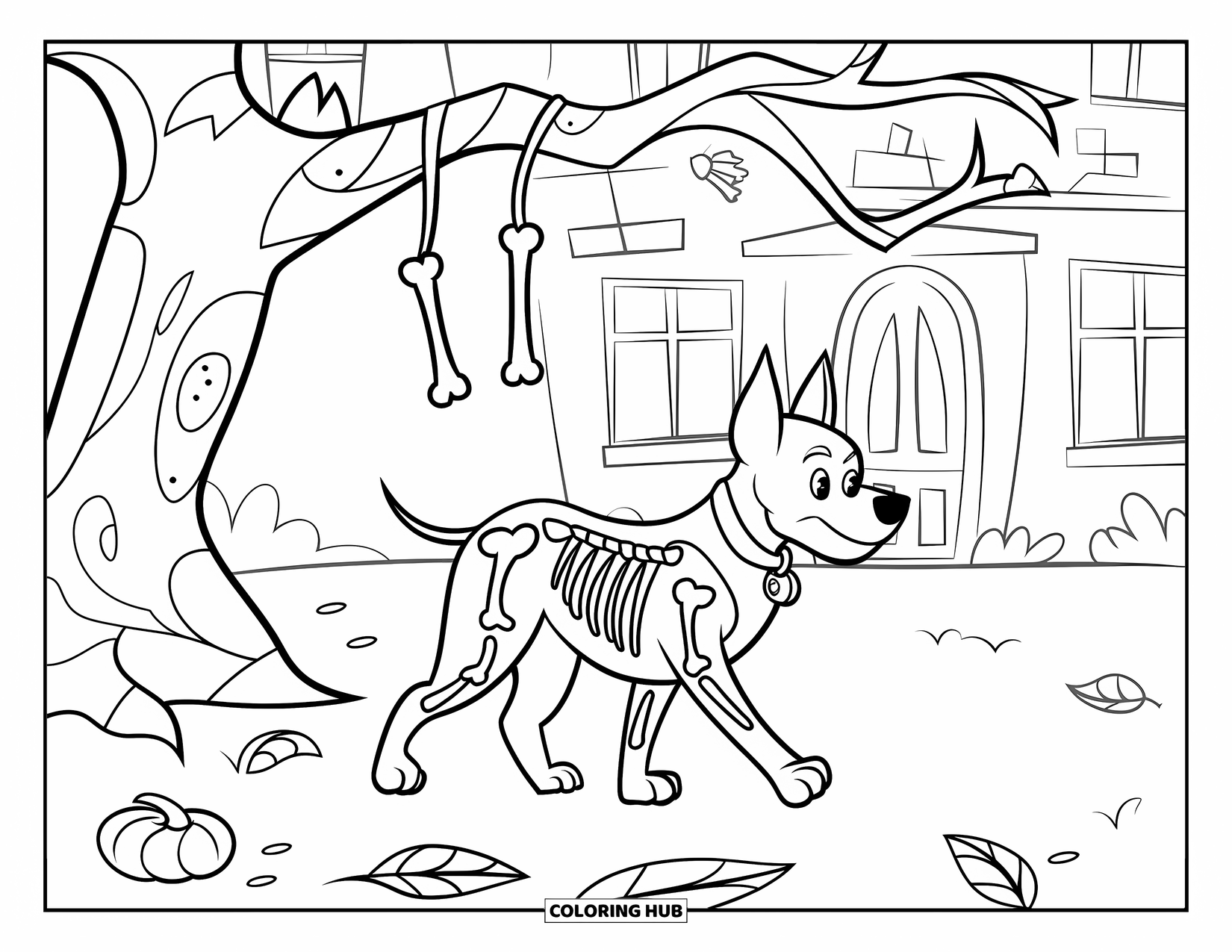 Halloween Dog Coloring Page for Kids: Dog in skeleton costume under a tree with bones and a haunted house