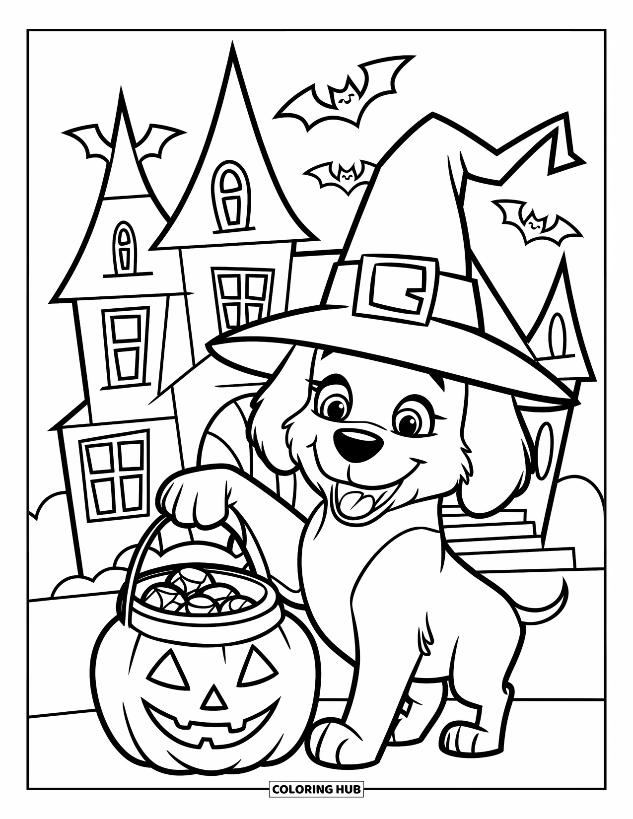 Halloween Dog Coloring Page for Kids: Dog with witch hat standing on a pumpkin near a haunted house and bats