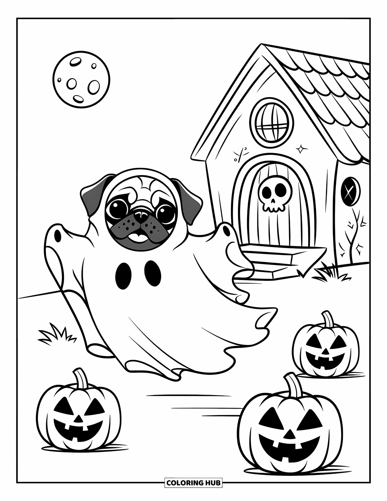 Halloween Dog Coloring Page for Kids: Ghost pug near a doghouse with pumpkins under a full moon