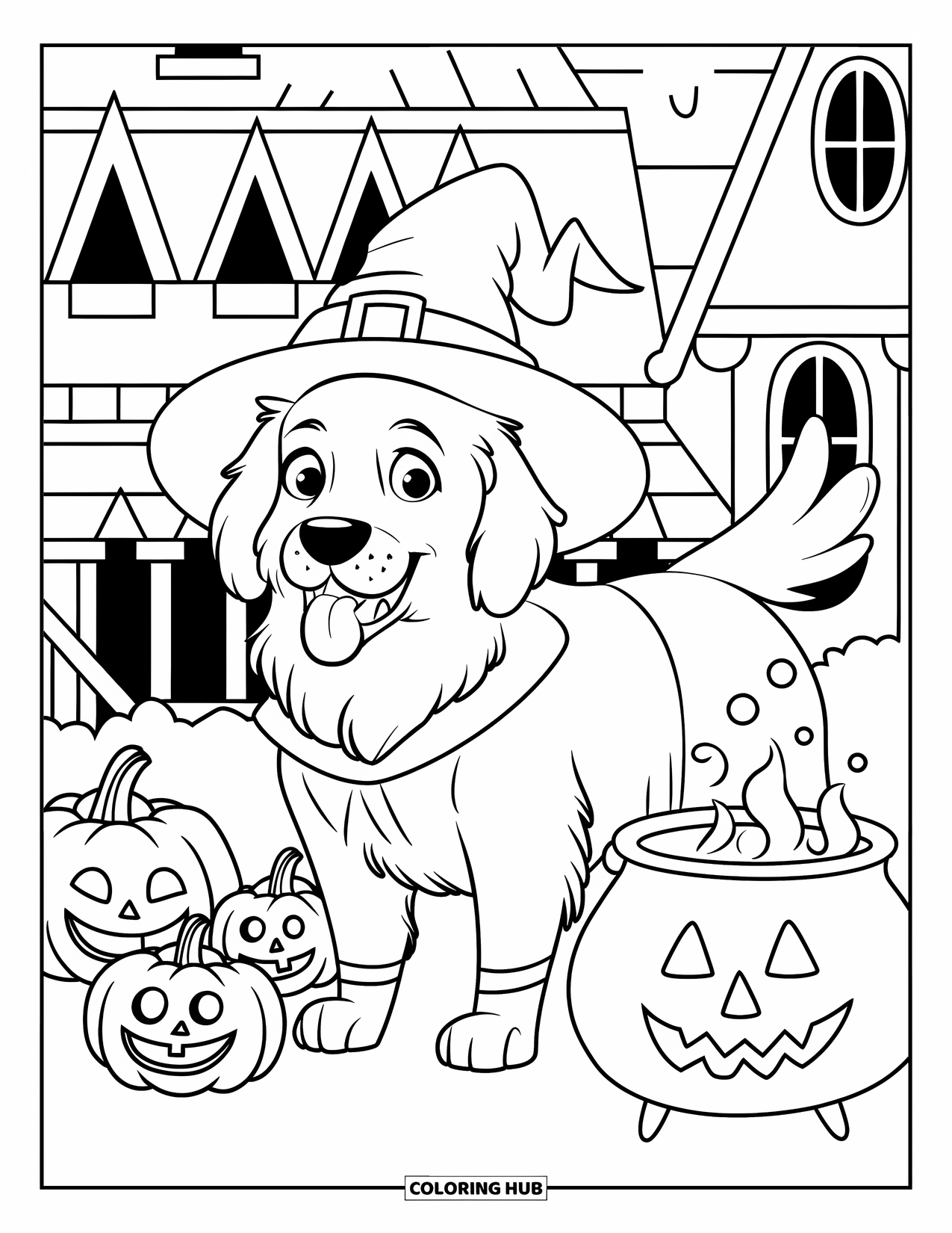 Halloween Dog Coloring Page for Kids: Golden retriever in a witch outfit with pumpkins and rising steam
