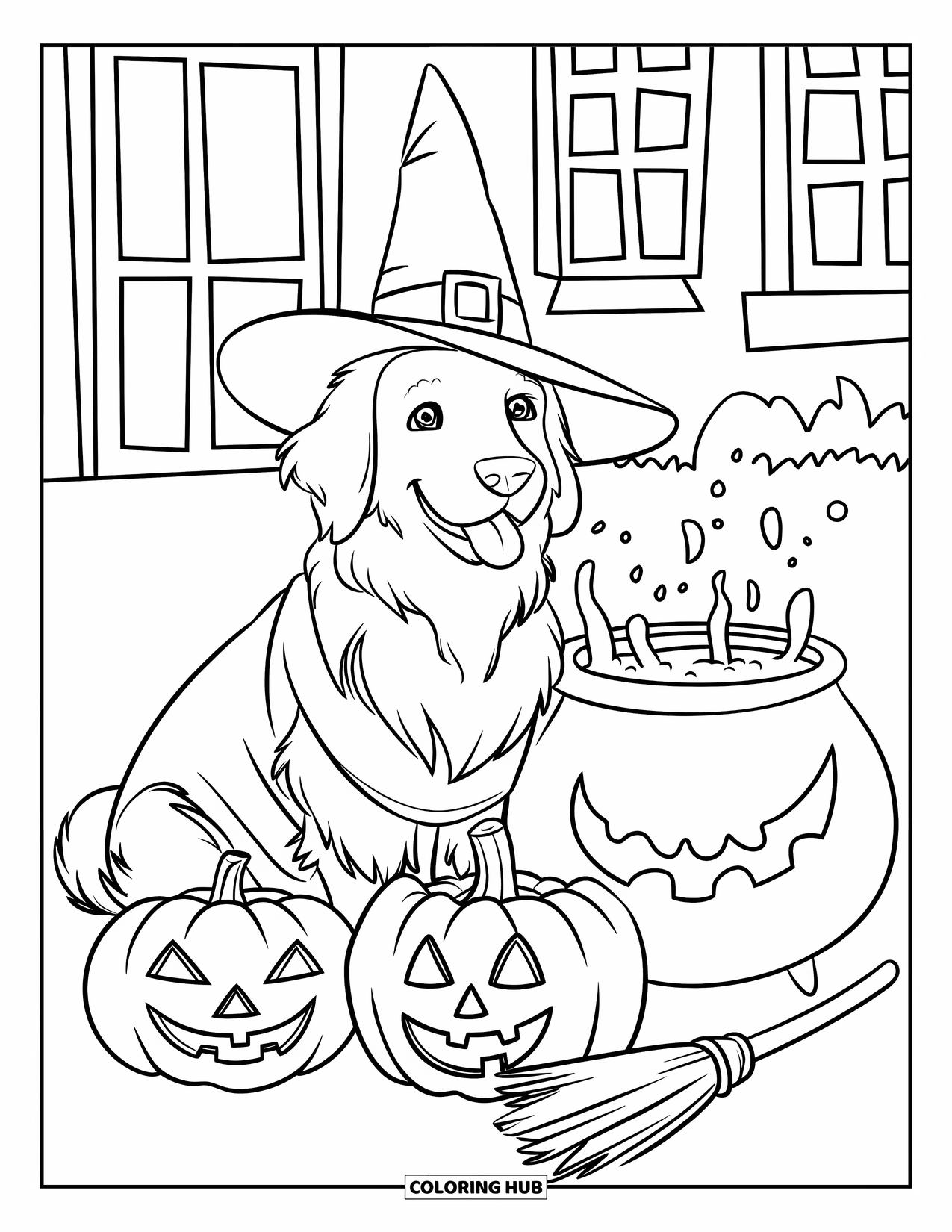 Halloween Dog Coloring Page for Kids: Golden retriever witch beside jack-o'-lanterns and a bubbling cauldron