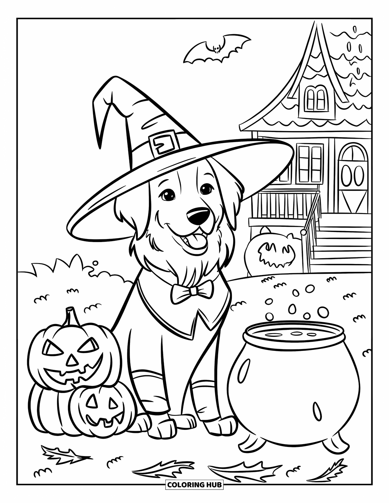 Halloween Dog Coloring Page for Kids: Golden retriever witch with a bubbling pot and haunted house behind