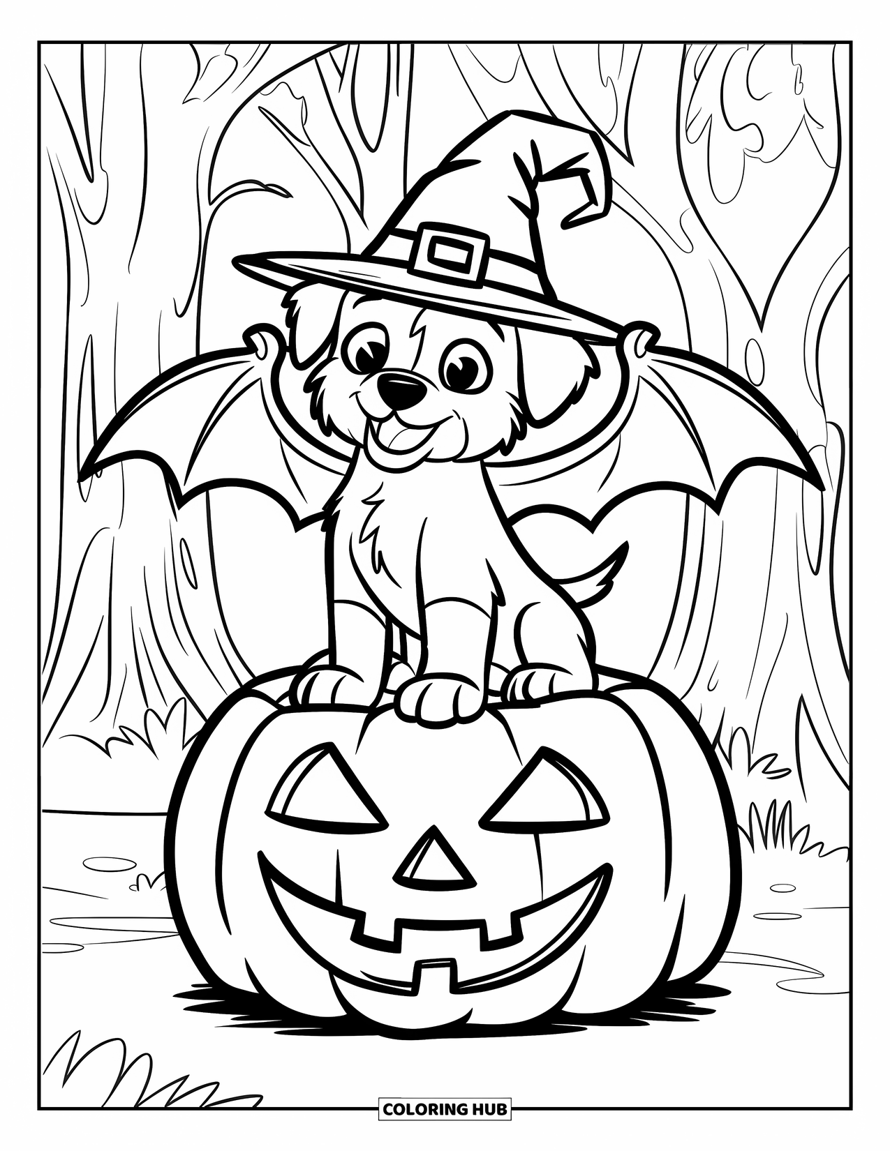 Halloween Dog Coloring Page for Kids: Halloween puppy with bat wings standing on a carved pumpkin