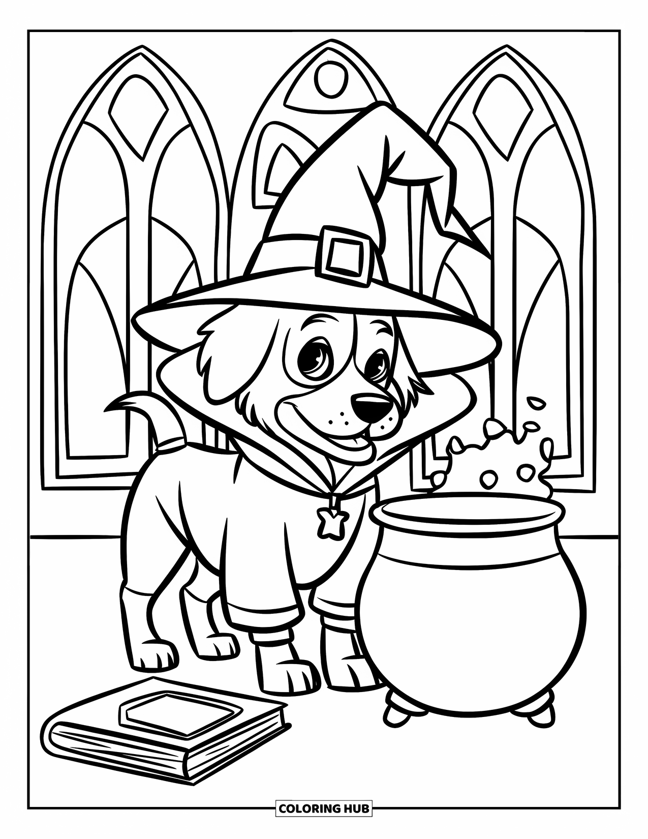 Halloween Dog Coloring Page for Kids: Halloween wizard dog near a haunted castle with arched windows
