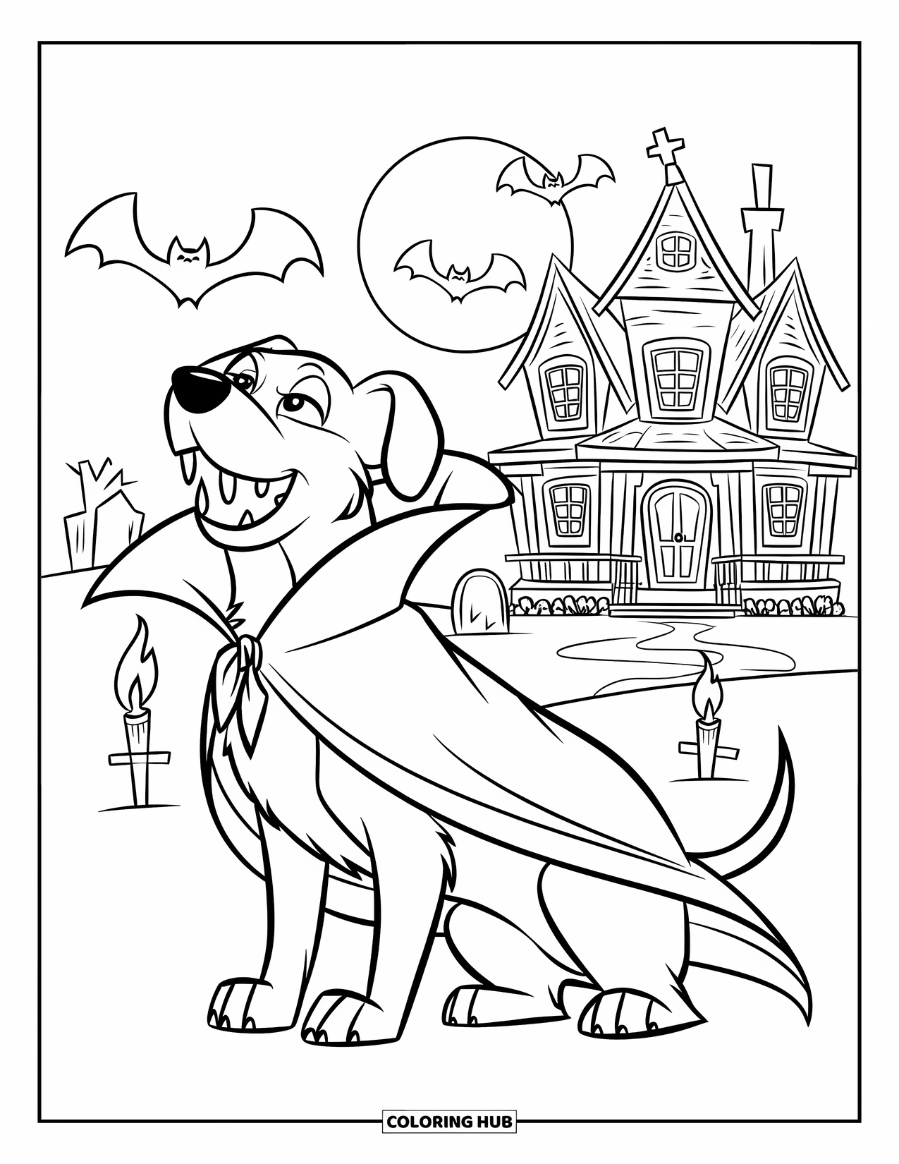 Halloween Dog Coloring Page for Kids: Howling vampire dog with torches near a haunted graveyard