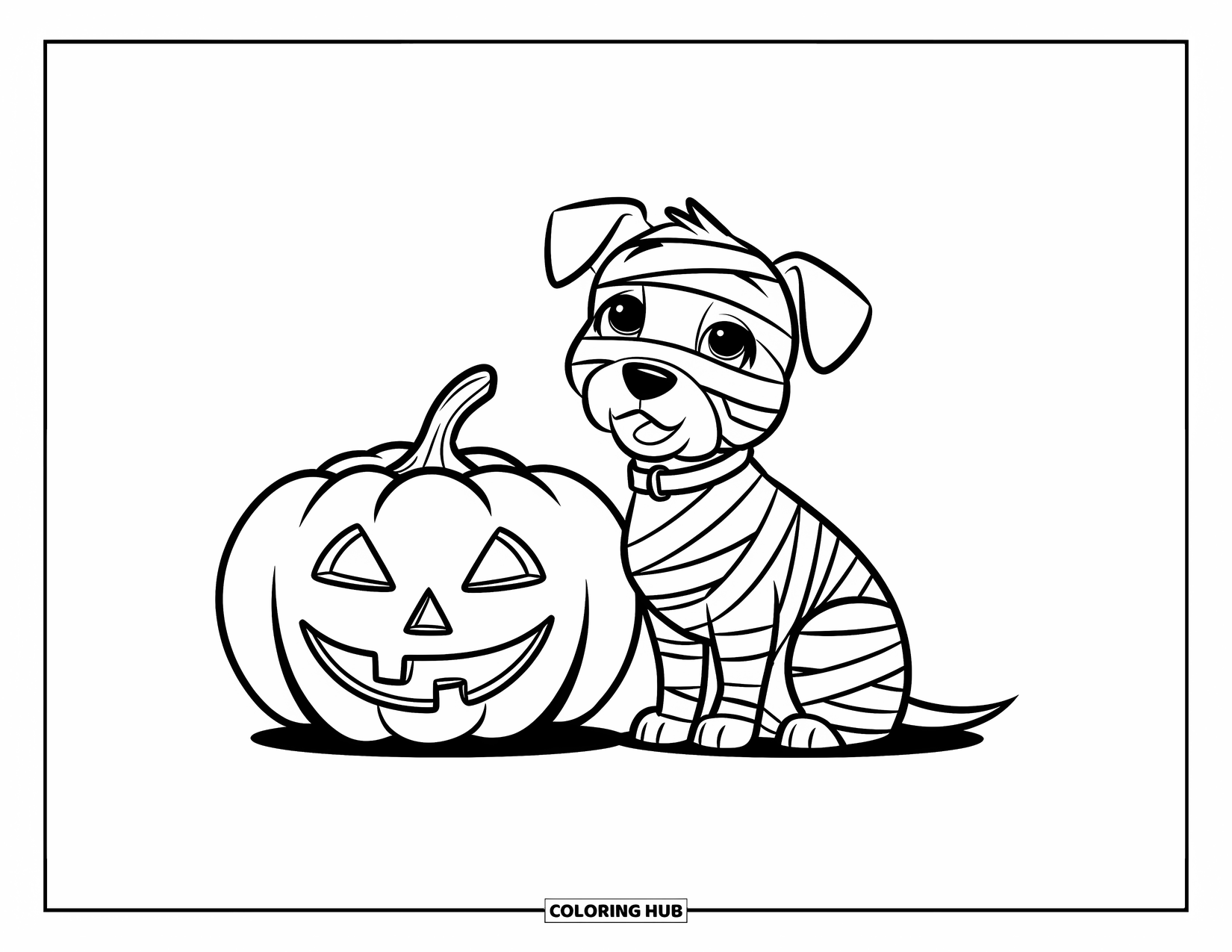 Halloween Dog Coloring Page for Kids: Little mummy dog with open eyes next to a pumpkin on a blank background