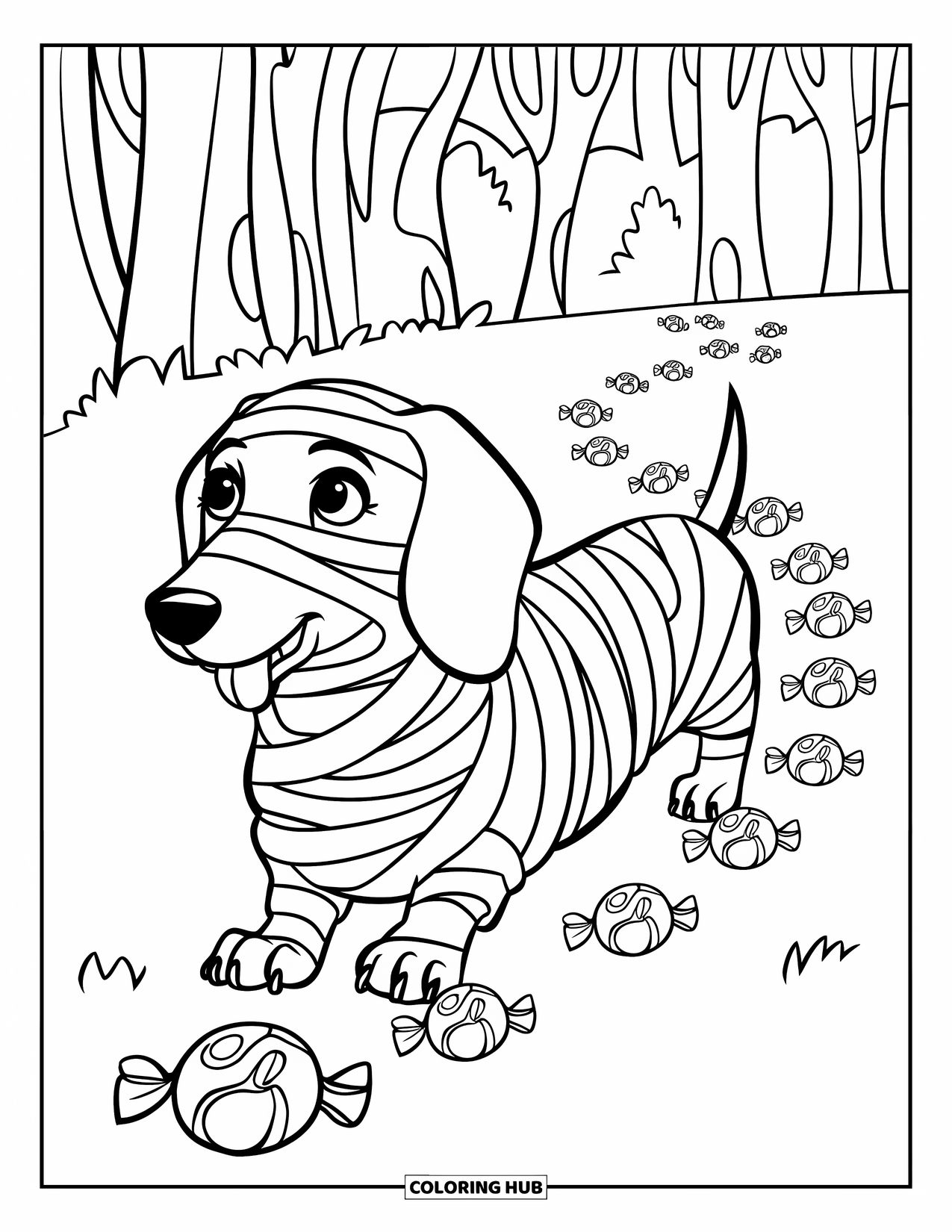 Halloween Dog Coloring Page for Kids: Mummy dachshund walking through a forest path filled with candy
