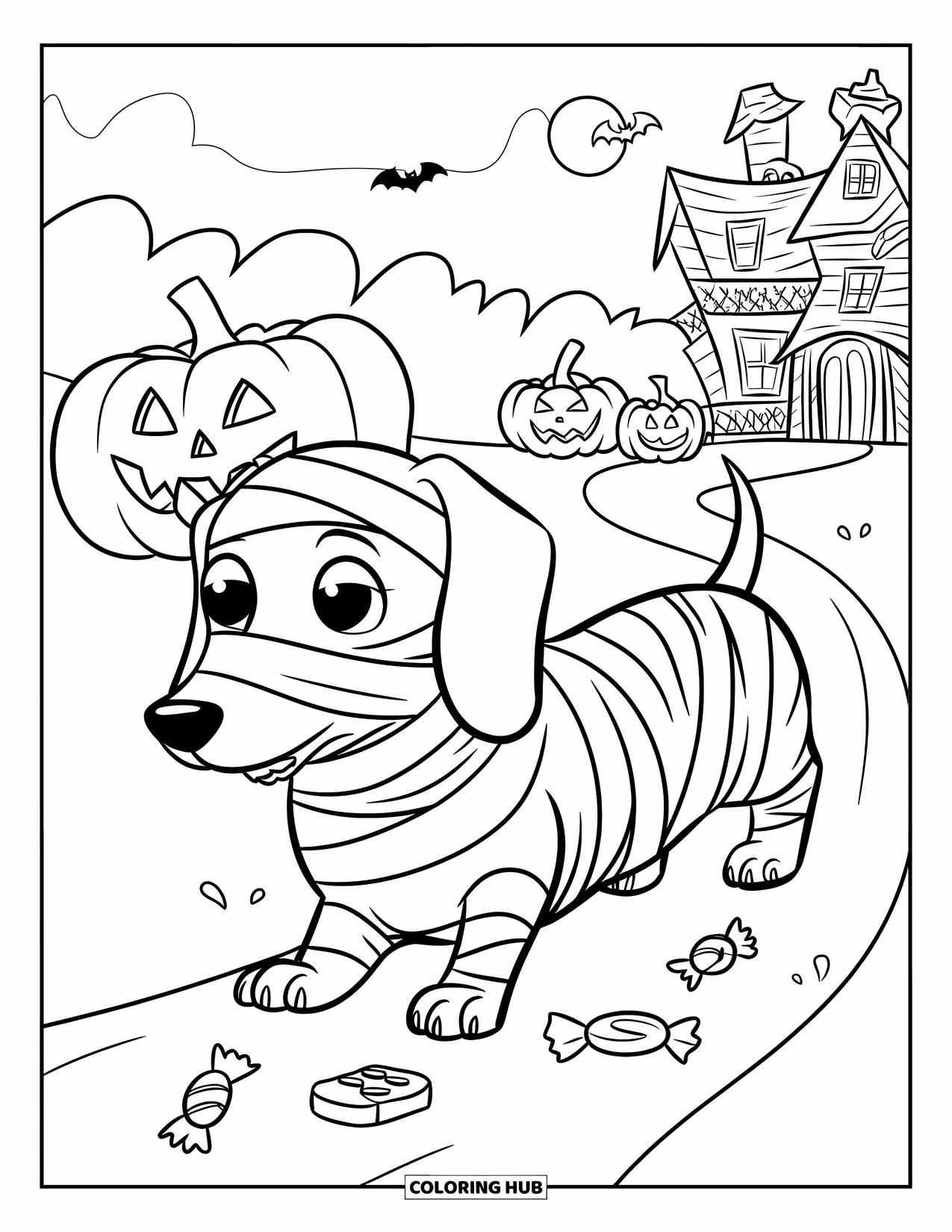 Halloween Dog Coloring Page for Kids: Mummy-wrapped dachshund walking along a trail of Halloween candy