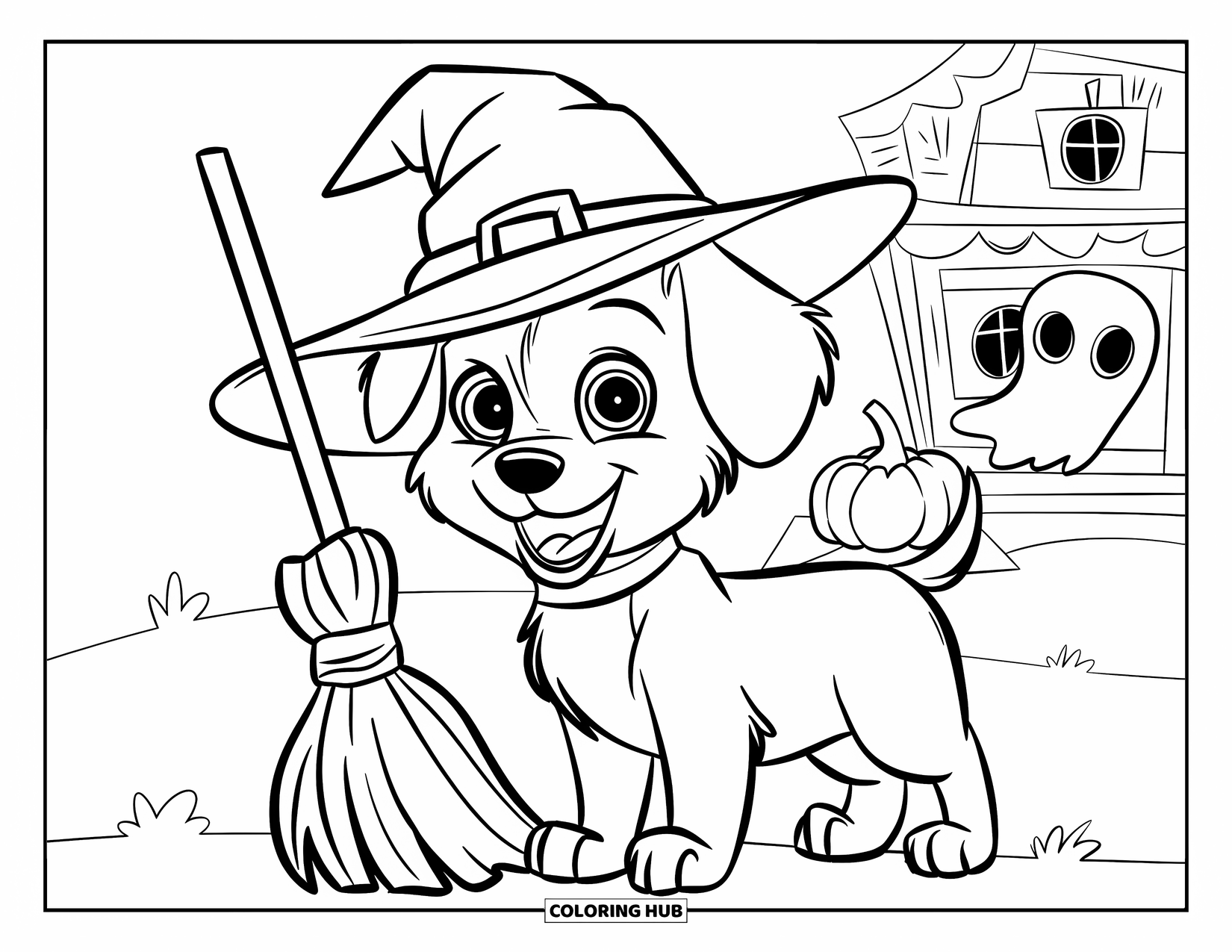 Halloween Dog Coloring Page for Kids: Preschool-friendly witch puppy beside a broom and haunted pumpkin porch
