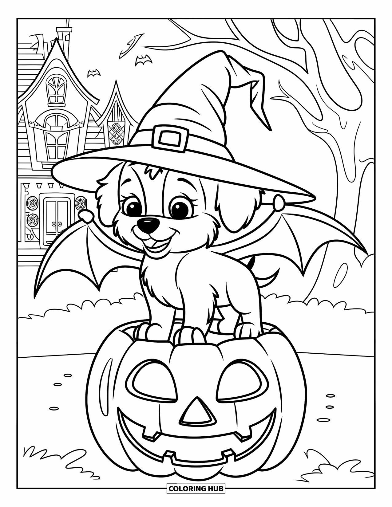 Halloween Dog Coloring Page for Kids: Preschooler-friendly puppy with bat wings on a pumpkin by a haunted house