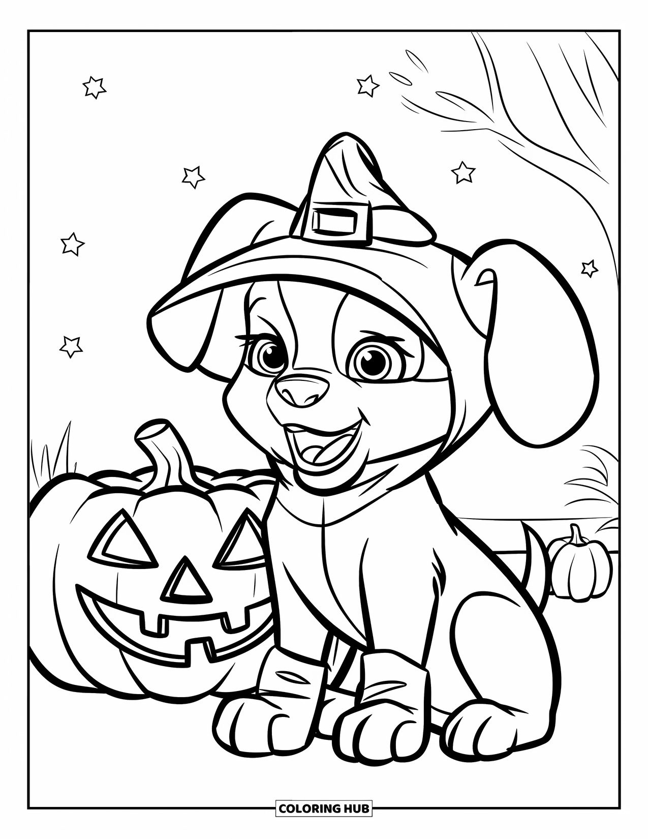 Halloween Dog Coloring Page for Kids: Pumpkin-costumed puppy beside a jack-o'-lantern under a starry sky
