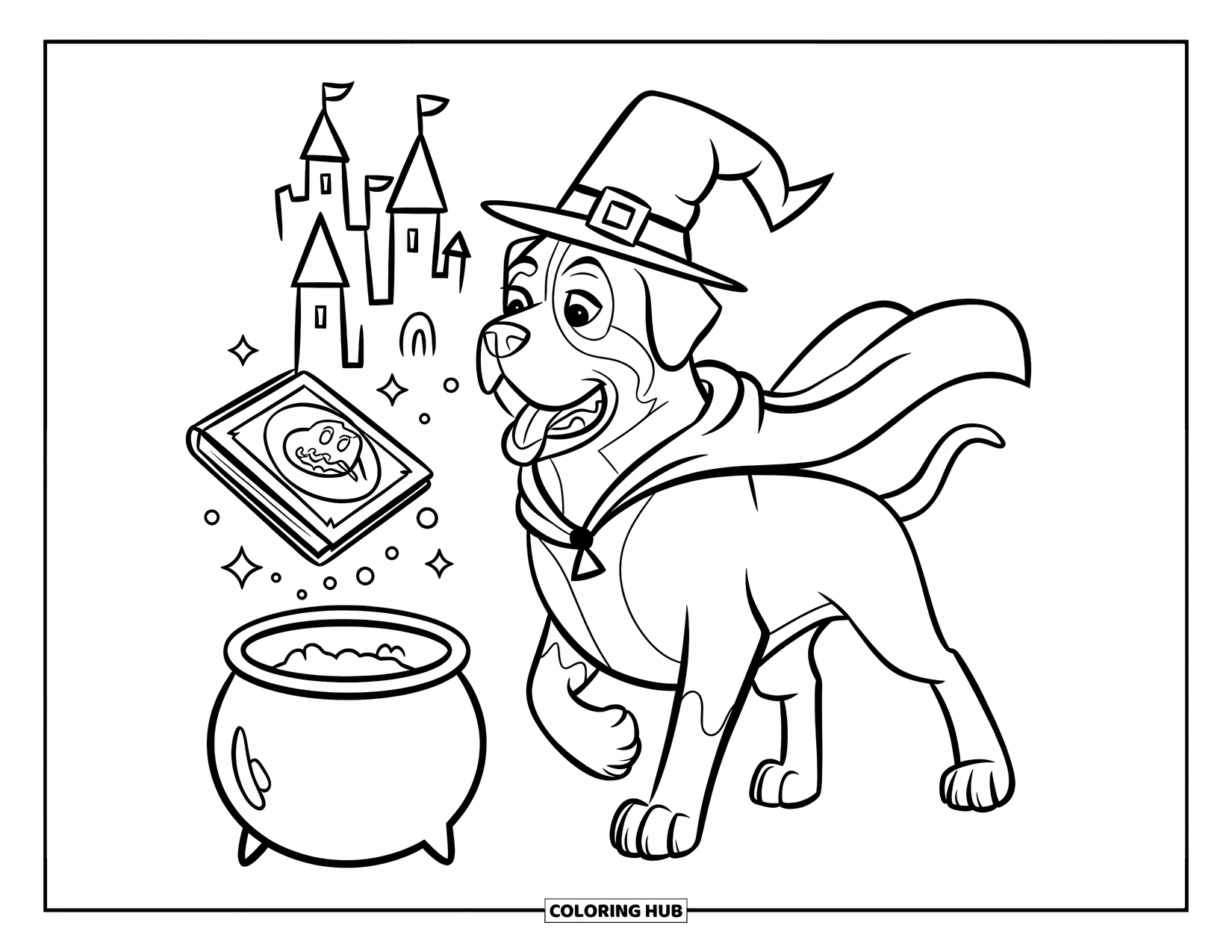 Halloween Dog Coloring Page for Kids: Rottweiler magician with a floating book and a castle behind him