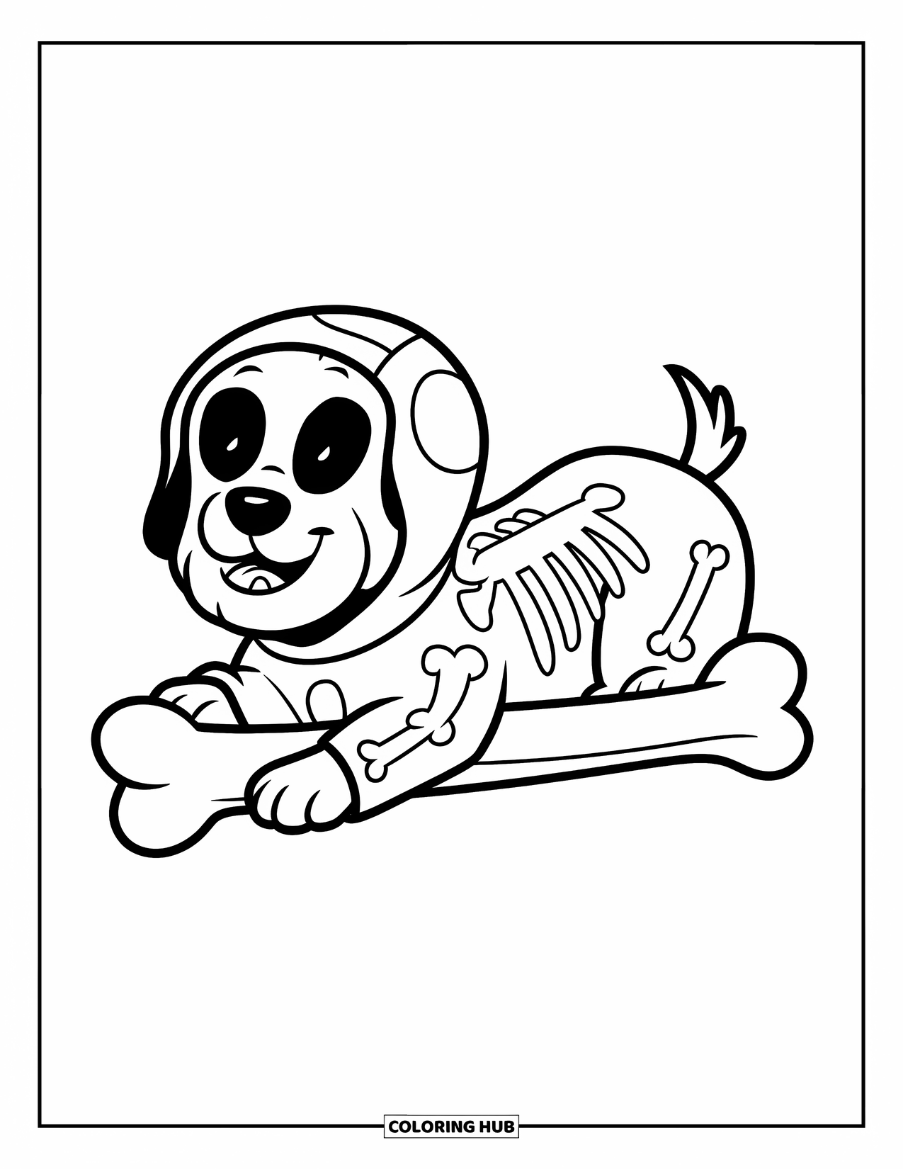 Halloween Dog Coloring Page for Kids: Simple skeleton dog resting beside a large bone, ready for coloring