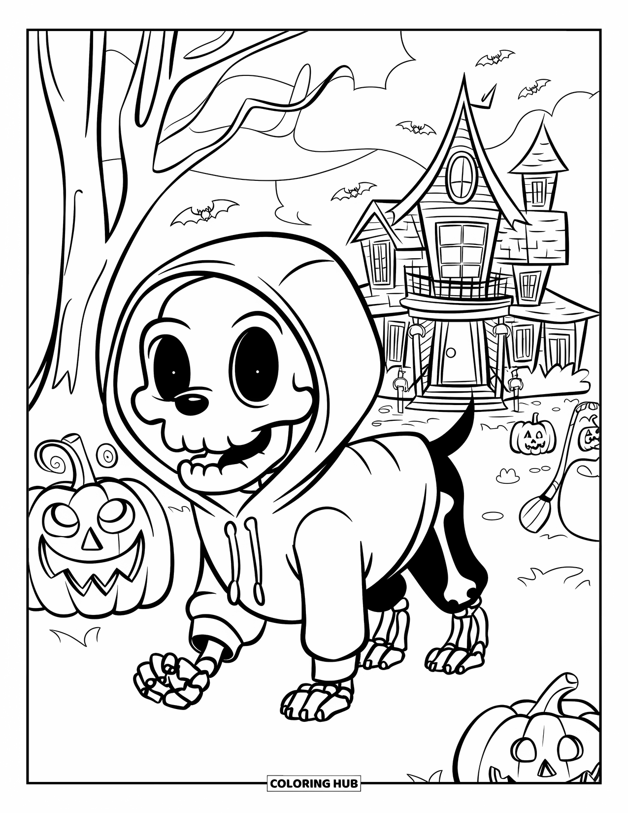 Halloween Dog Coloring Page for Kids: Skeleton dog heading to a haunted house with pumpkins and a broom
