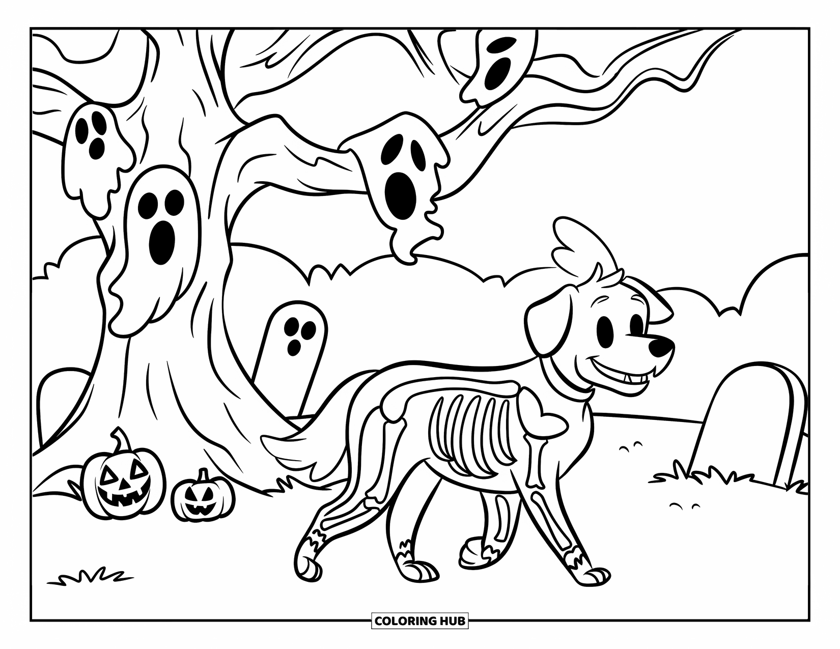 Halloween Dog Coloring Page for Kids: Skeleton dog walking past a spooky tree with ghost faces and pumpkins