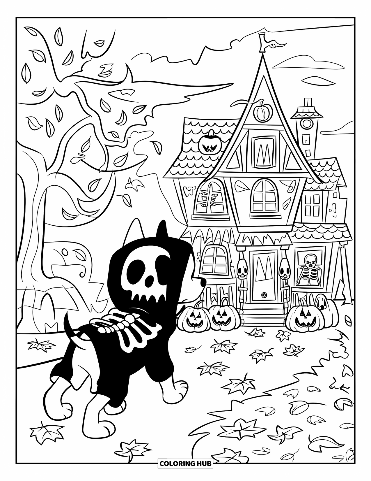 Halloween Dog Coloring Page for Kids: Skeleton dog walking toward a pumpkin-filled haunted house under leaves