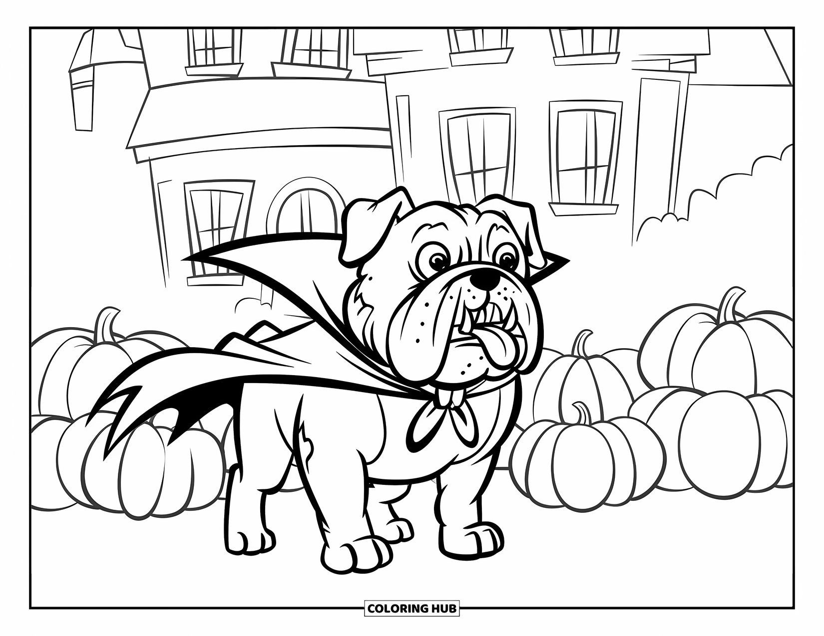 Halloween Dog Coloring Page for Kids: Vampire bulldog guarding pumpkins in front of a haunted house