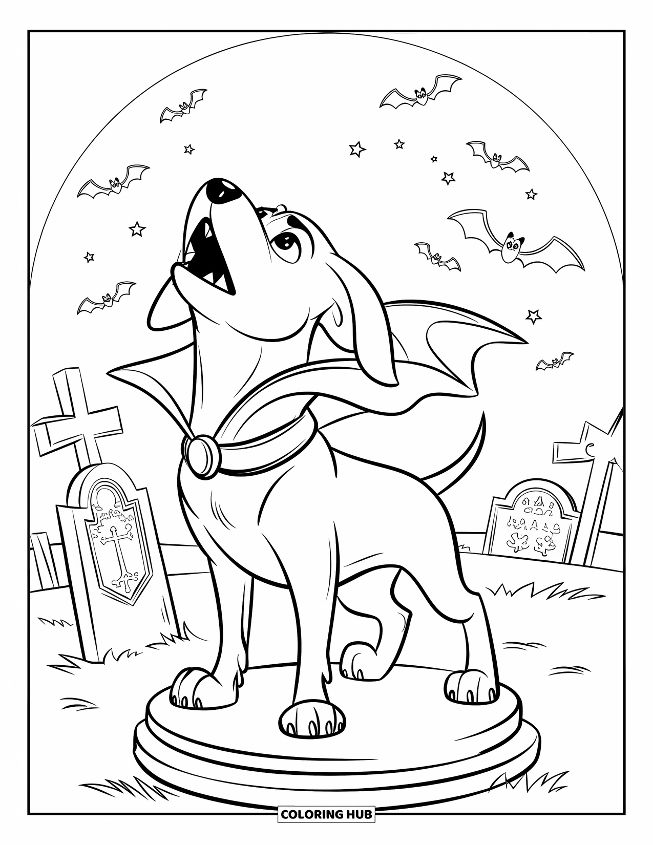 Halloween Dog Coloring Page for Kids: Vampire dog on a pedestal howling in a graveyard with tombstones