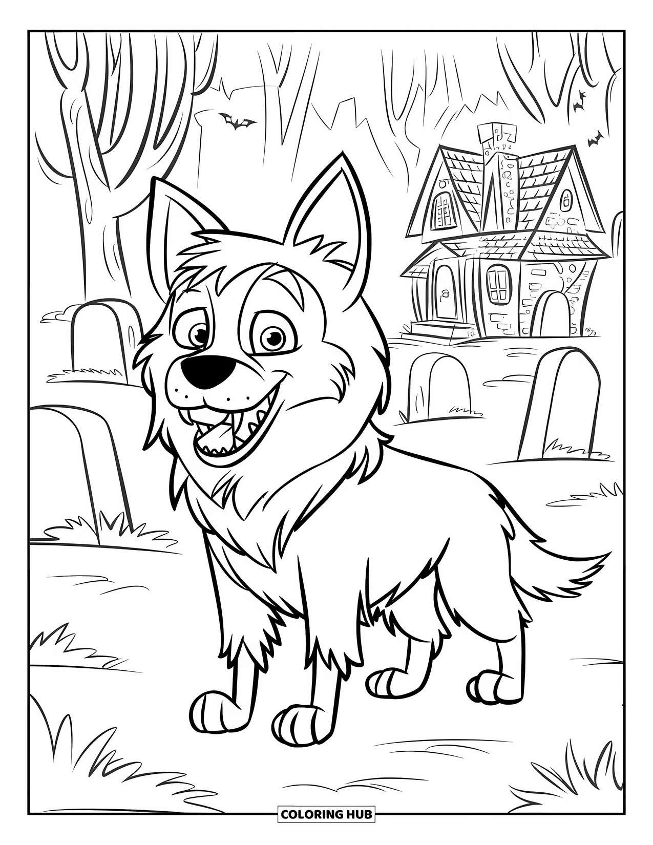 Halloween Dog Coloring Page for Kids: Werewolf border collie near tombstones and a haunted house