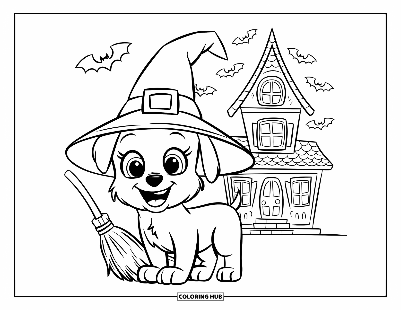 Halloween Dog Coloring Page for Kids: Witch puppy smiling near bats and a spooky haunted house