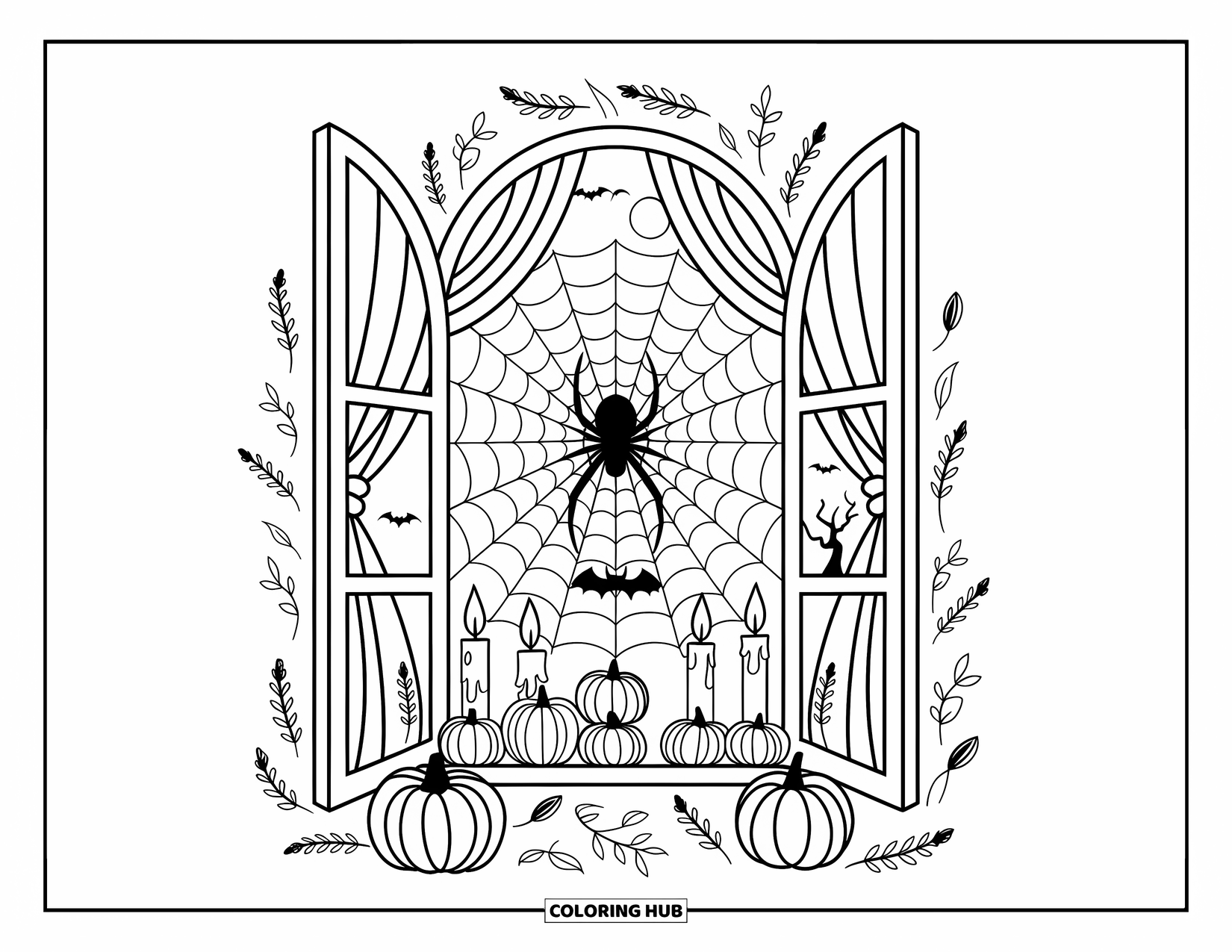 Dibujo de arañas de Halloween para colorear para adultos: Una araña solitaria se sienta en una telaraña de ventana rodeada de calabazas, velas y cortinas suaves