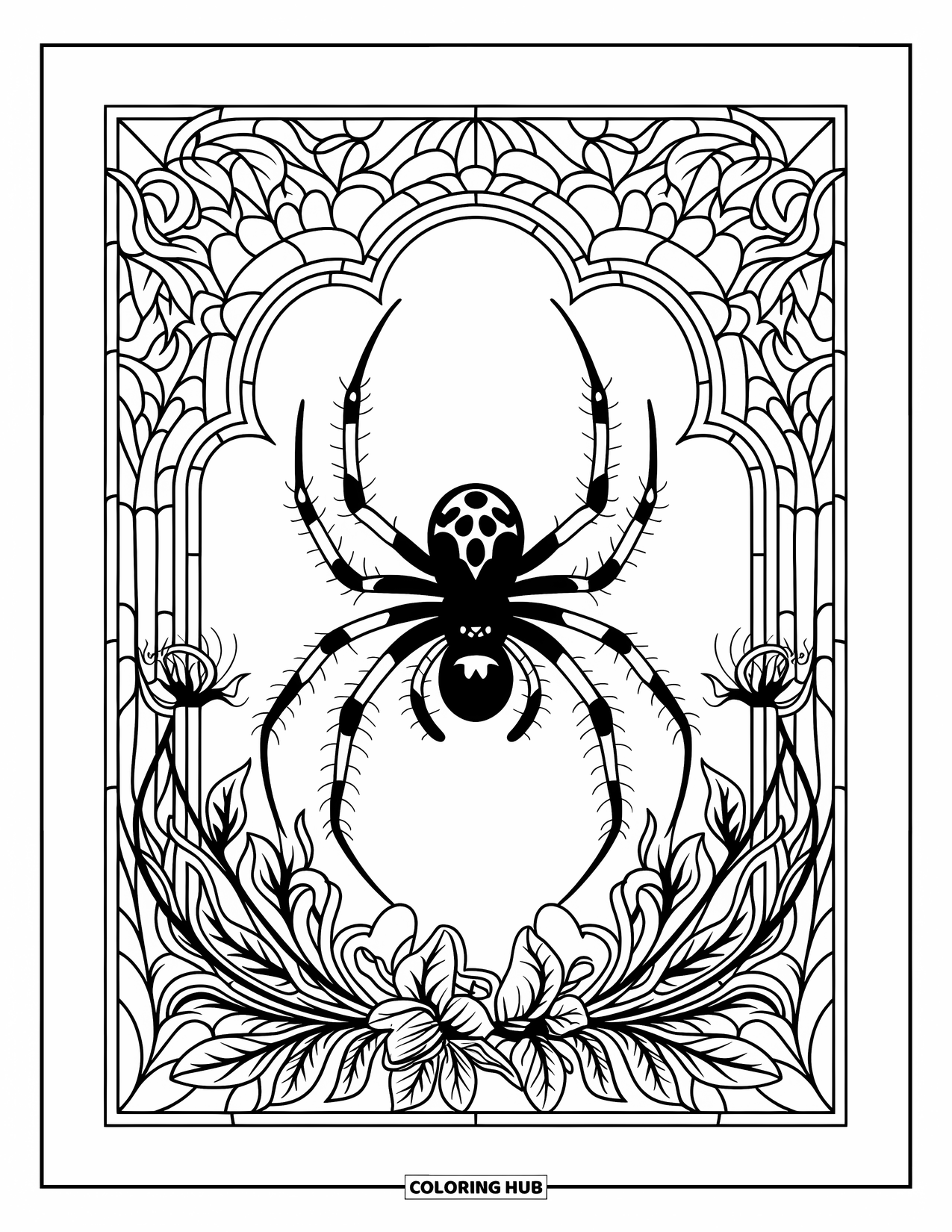 Dibujo de arañas de Halloween para colorear para adultos: Una araña en el centro de un vitral con enredaderas detalladas, hojas y florales góticos retorcidos