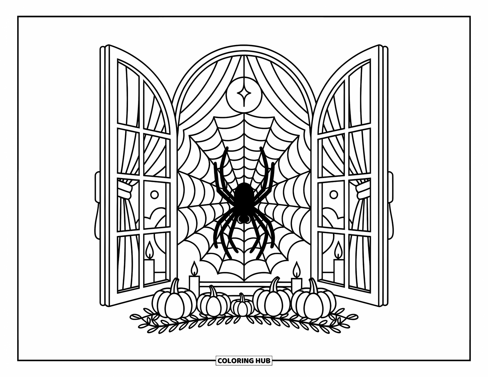 Dibujo de arañas de Halloween para colorear para adultos: Una araña descansa en su telaraña en una ventana arqueada con velas, calabazas y luz de luna