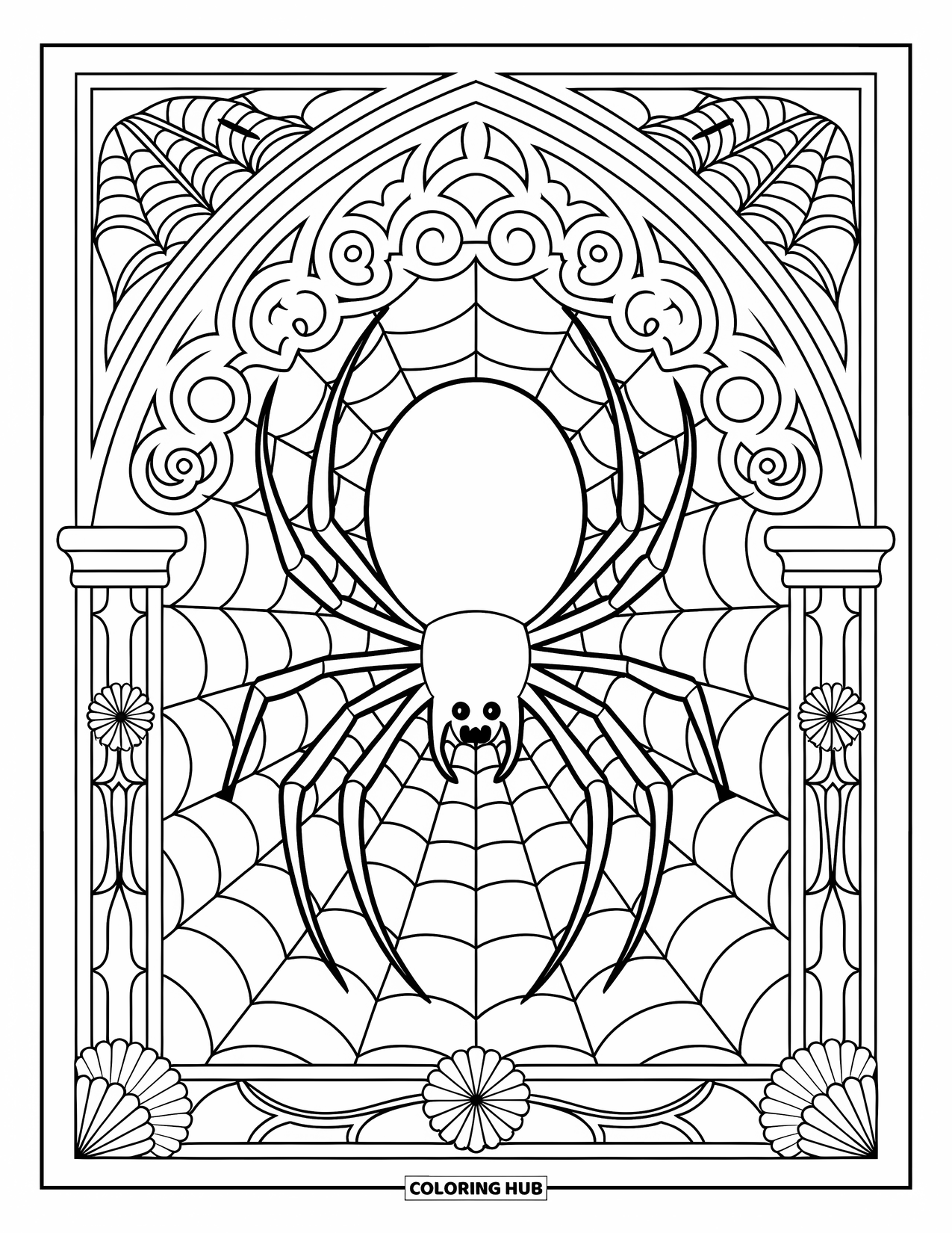 Dibujo de arañas de Halloween para colorear para adultos: Una araña en una telaraña enmarcada por florales góticos y bordes de ventana de vitral