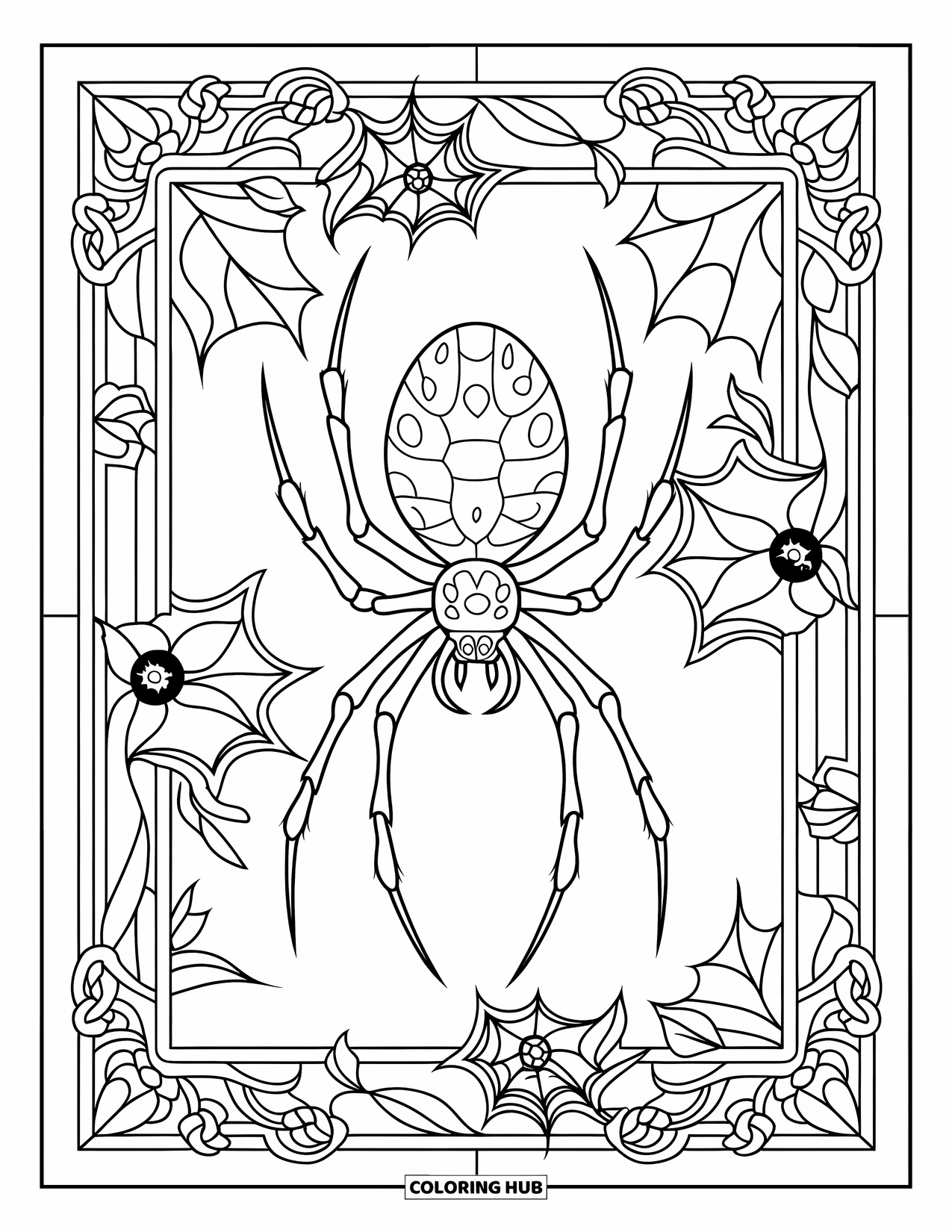 Dibujo de arañas de Halloween para colorear para adultos: Una araña de patas finas en un vitral enmarcado por hojas góticas y florales retorcidos