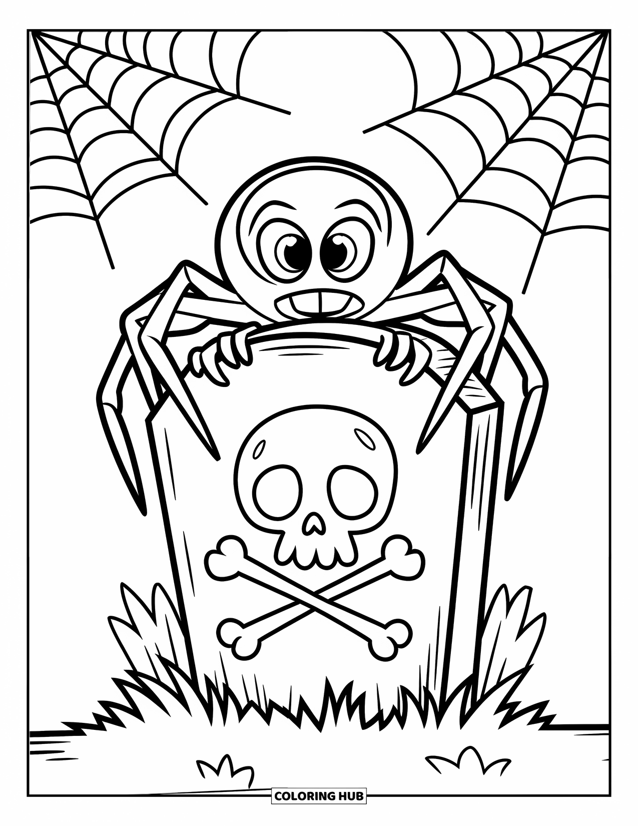 Dibujo de arañas de Halloween para colorear para niños: Una araña se aferra a una lápida con telarañas en un sendero tranquilo