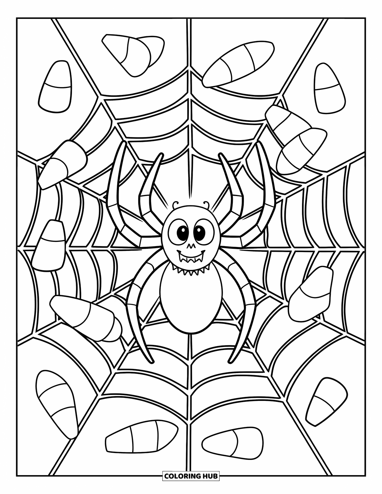 Dibujo de arañas de Halloween para colorear para niños: Una araña descansa en una telaraña llena de maíz de caramelo