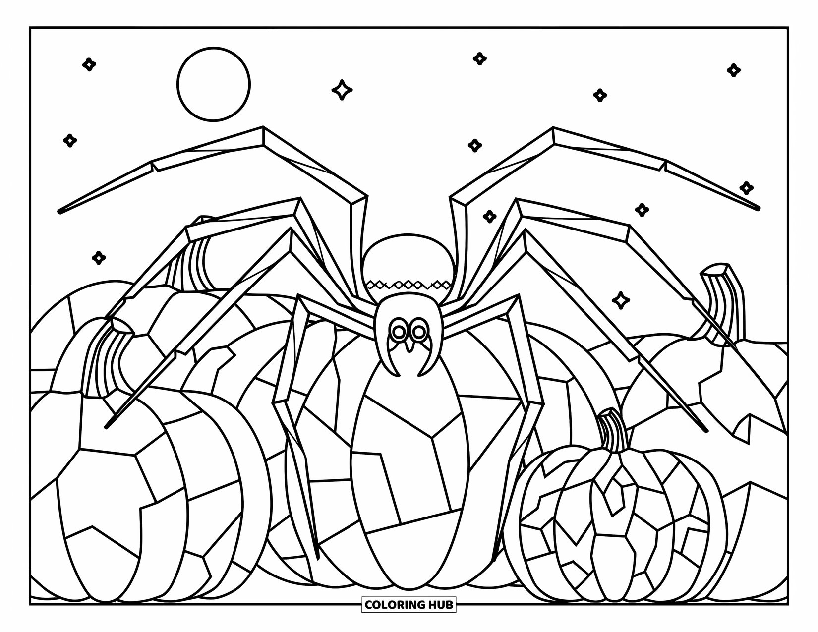 Dibujo de arañas de Halloween para colorear para niños: Una araña se sienta en una calabaza agrietada bajo la luna llena