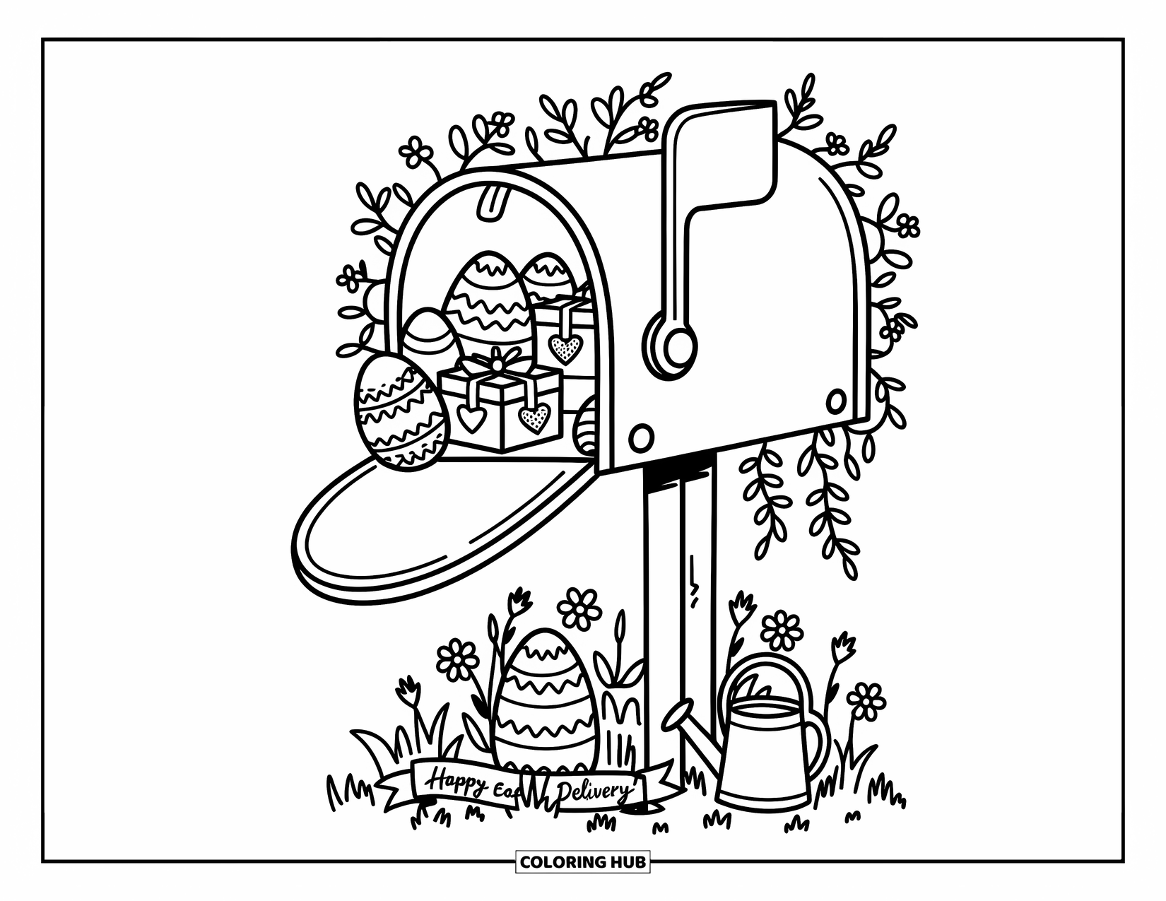 Happy Easter Coloring Page for Adults: A cottage mailbox spills out eggs and presents wrapped with hearts and spring stamps