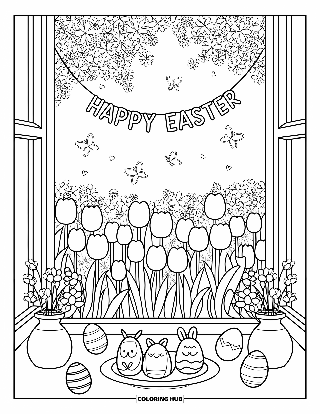 Happy Easter Coloring Page for Adults: A cozy window overlooks tulips and eggs with a cheerful Easter banner outside