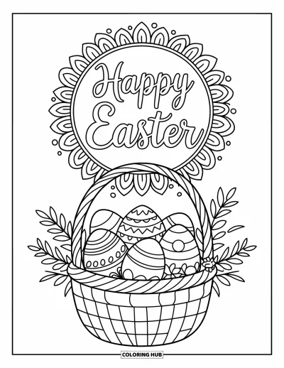 Iloinen pääsiäisvärityskuva aikuisille: Munakori ja kevätkukat "Happy Easter" -tekstin kanssa yksityiskohtaisessa mandalassa