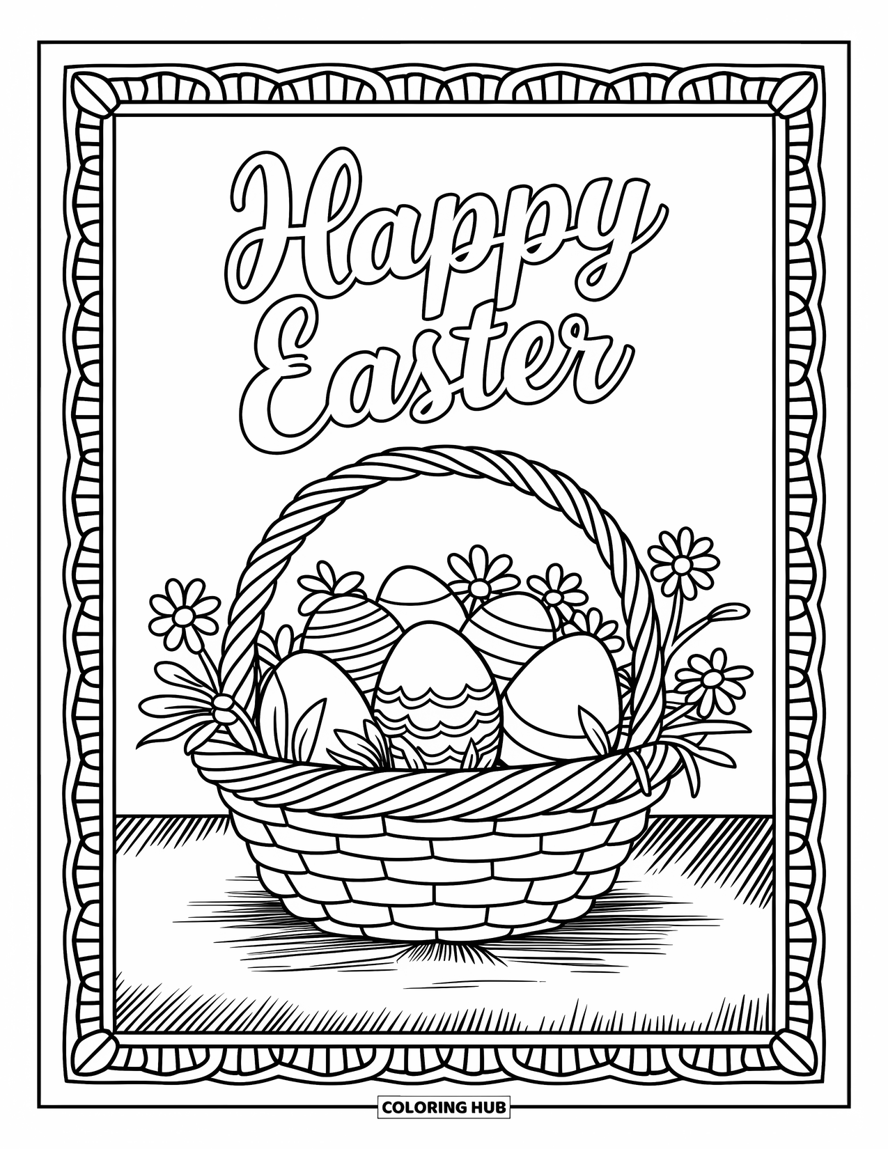 Happy Easter Coloring Page for Adults: Basket of spring flowers and eggs with an Easter greeting in a decorative circle