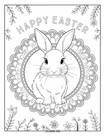 Iloinen pääsiäisvärityskuva aikuisille: Rauhallinen pupu "Happy Easter" -sanojen alla pehmeiden kukkalinjojen ympäröimänä